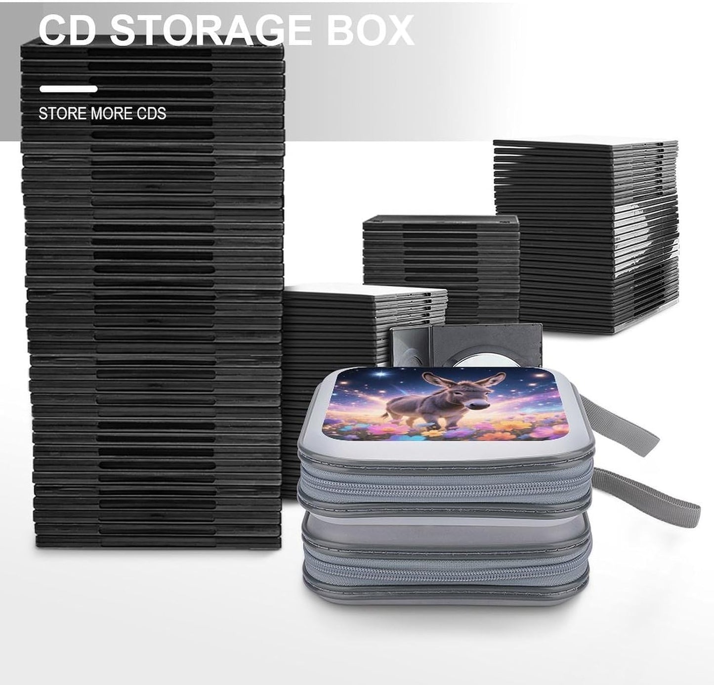 Donkey in Magic Blooms CD Case Portable Zipper CD Case 40 Capacity Hard Plastic DVD Cases Holder Large Storage Disc Wallet Bag for Car Home Travel DVD Collection Bag