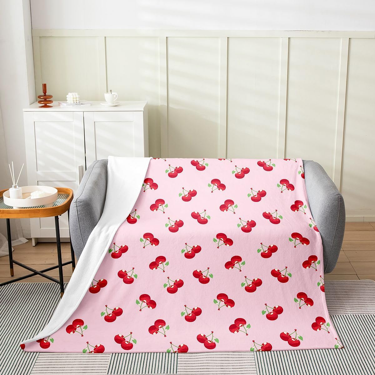 Feelyou Cherry Blanket Throw 50"x60" Pink Cherry Plush Throw Blanket, for Kids Boys Girls Decor Summer Fruit Flannel Fleece Blanket Microfiber Cute Fruit Bedroom