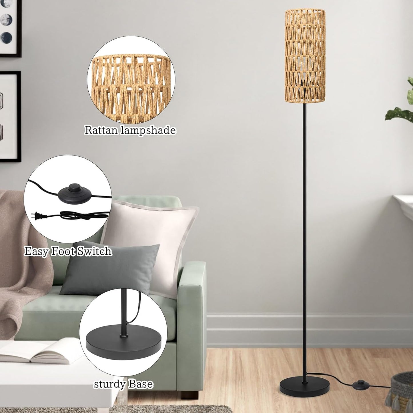 Floor Lamp for Living Room,Farmhouse Rattan Floor lamp,Modern Standing lamp with Hand-Worked Rattan Shade,Black Tall Lamp with Foot Switch for Bedroom,Kids Room,Office,LED Bulb is Included.