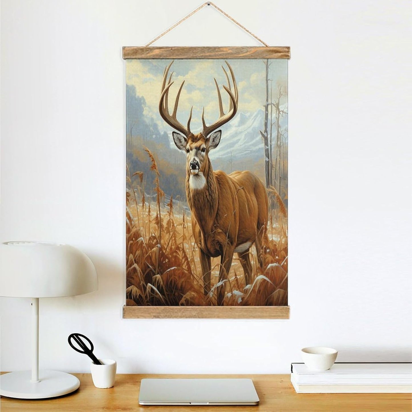 Vintage Buck Deer Poster with Wooden Frame Personalized Linen Hanging Scroll Painting Rustic Wall Hanging Illustrative Modern Artwork Decor for Home Living Room Bedroom Office