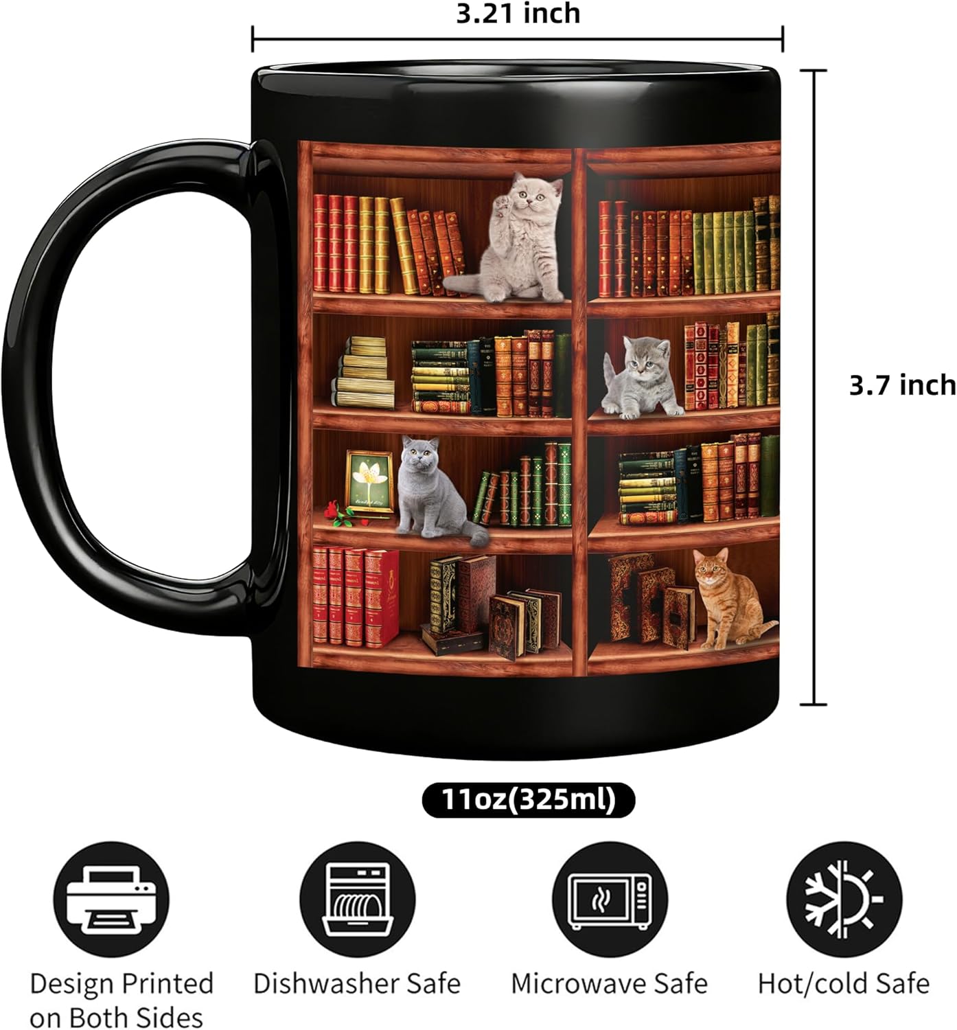 Coffee Mug for Book Lovers - Cat Mugs for Cat Lovers - Funny Mugs Charming Gifts for Book Lover Women and Cute Gifts for Writers & Readers - Library Bookshelf Mug - 11oz Black Ceramic Coffee & Tea Cup