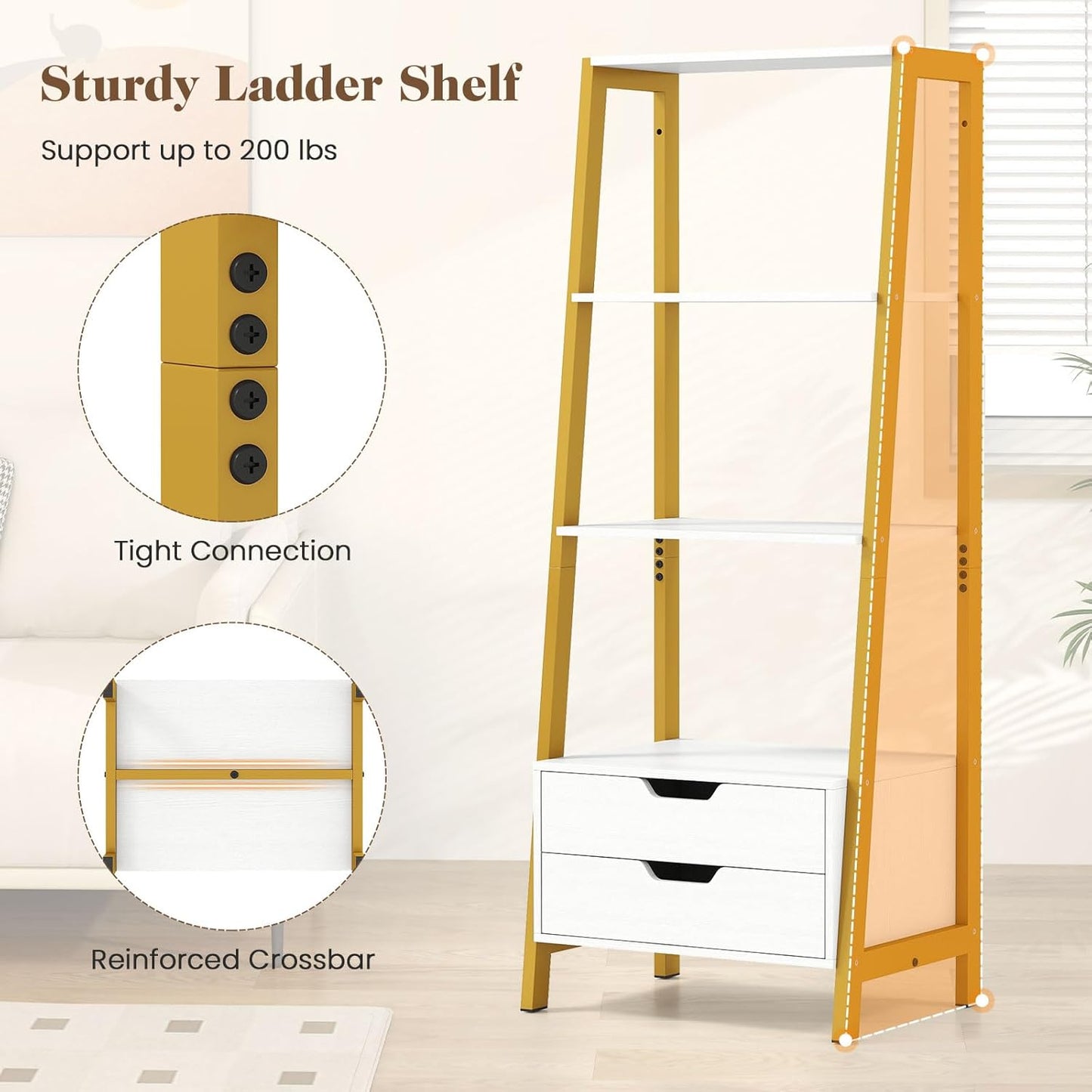 HOMGX 52.5” Tall Ladder Shelf, Industrial Freestanding Bookshelf with 2 Drawers, Heavy-Duty Metal Storage Shelving Unit for Living Room, Bedroom, Office, Study (White & Gold)
