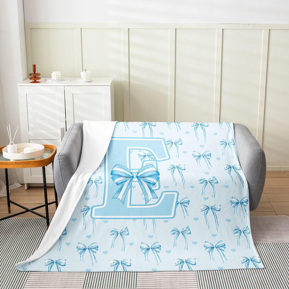 Feelyou Cute Blue Bow Fleece Throw Blanket Personalized Initial E Flannel Blanket Plush Fuzzy Monogrammed Kawaii Coquette Bow Knot Throw 50"x60" Dreamy Princess Style Bedroom Decor