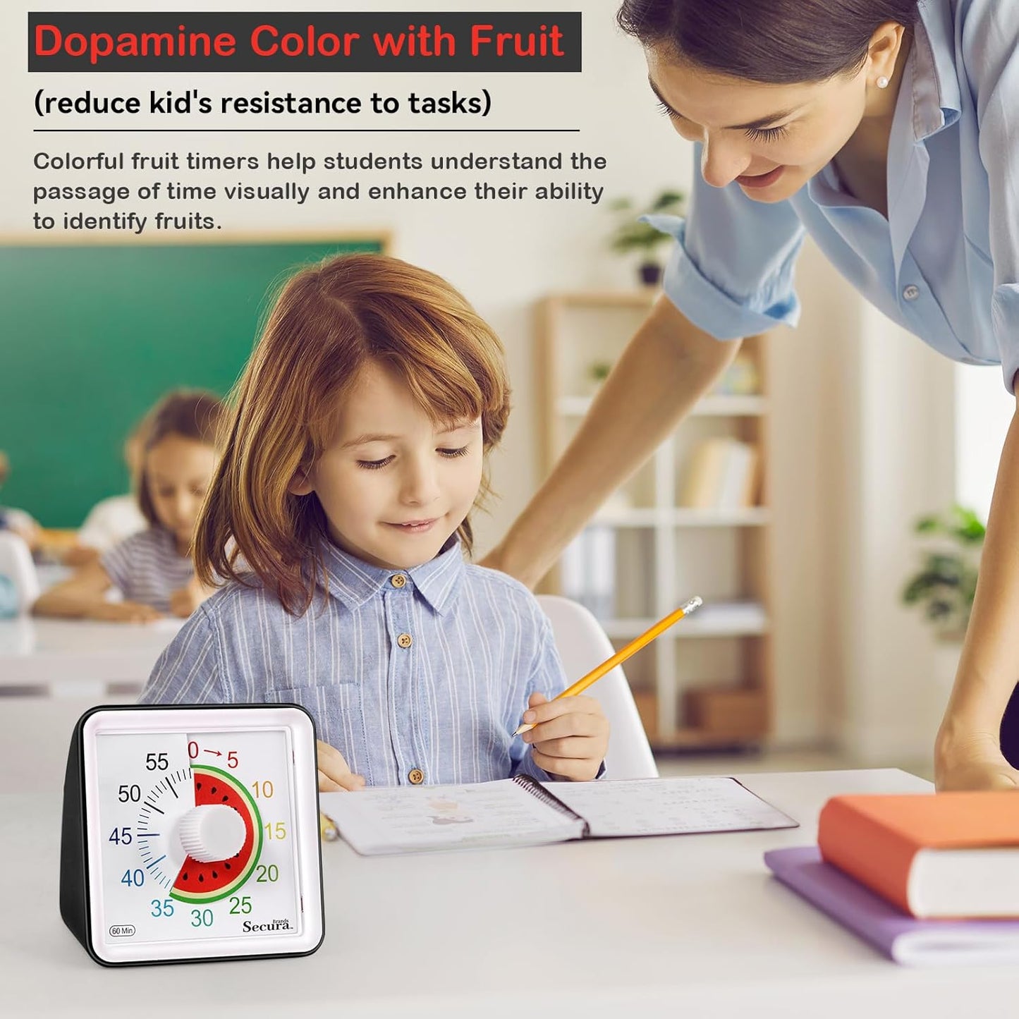 Secura 60-Minute Visual Countdown Timer for Kids & Adults, Classroom Time Management Tool (Black)