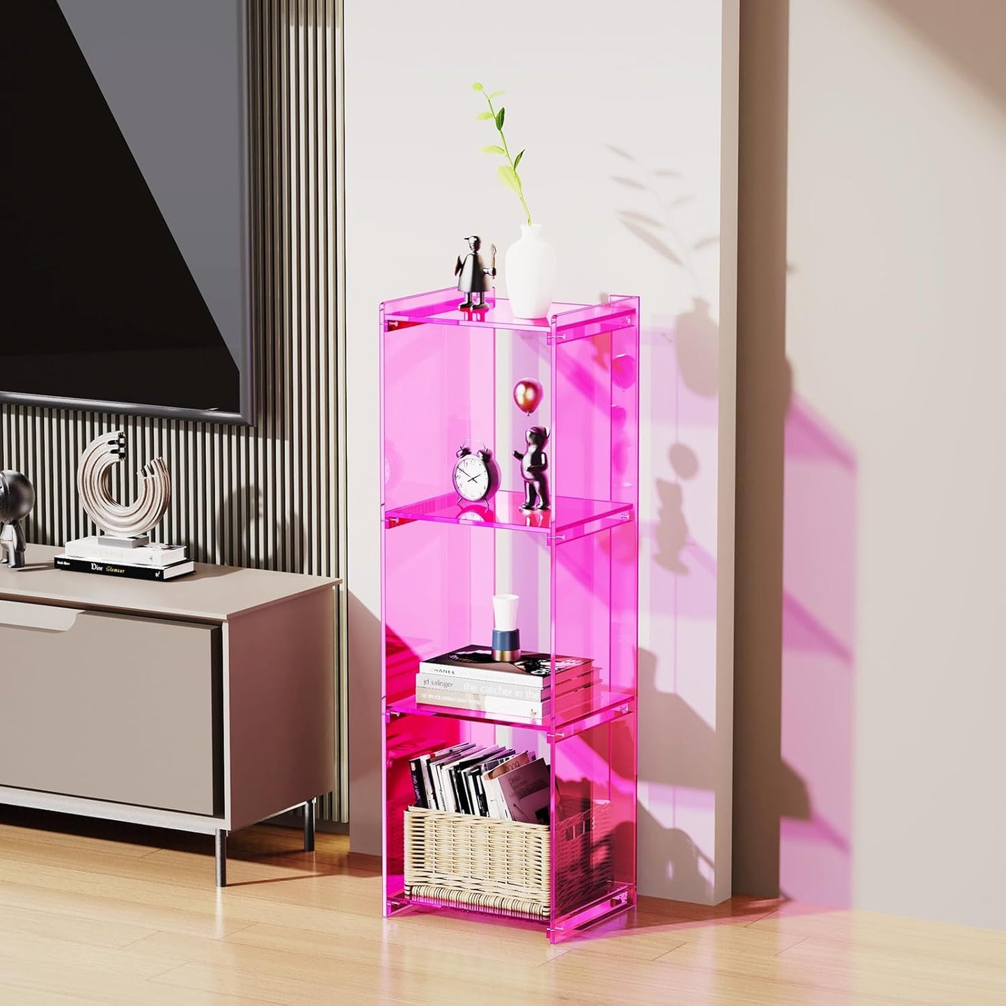 Acrylic Bookcase Small Narrow Shelf Bookshelf Corner Bookshelf Freestanding Tall Skinny Storage Organizer Rack, for Living Room, Kitchen, Bedroom 43.3" H (Pink)