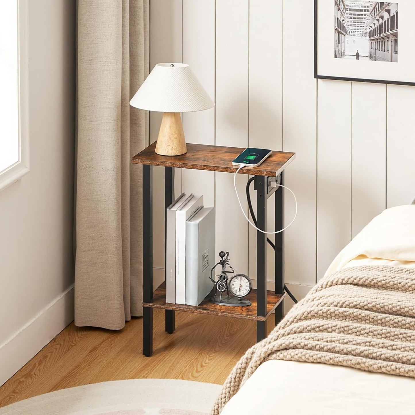 HOOBRO Narrow Side Table, 2-Tier Slim End Table with Charging Station, Skinny Nightstand with Open Storage, for Small Spaces, Living Room, Bedroom, Study, Rustic Brown and Black BF240UBZ01