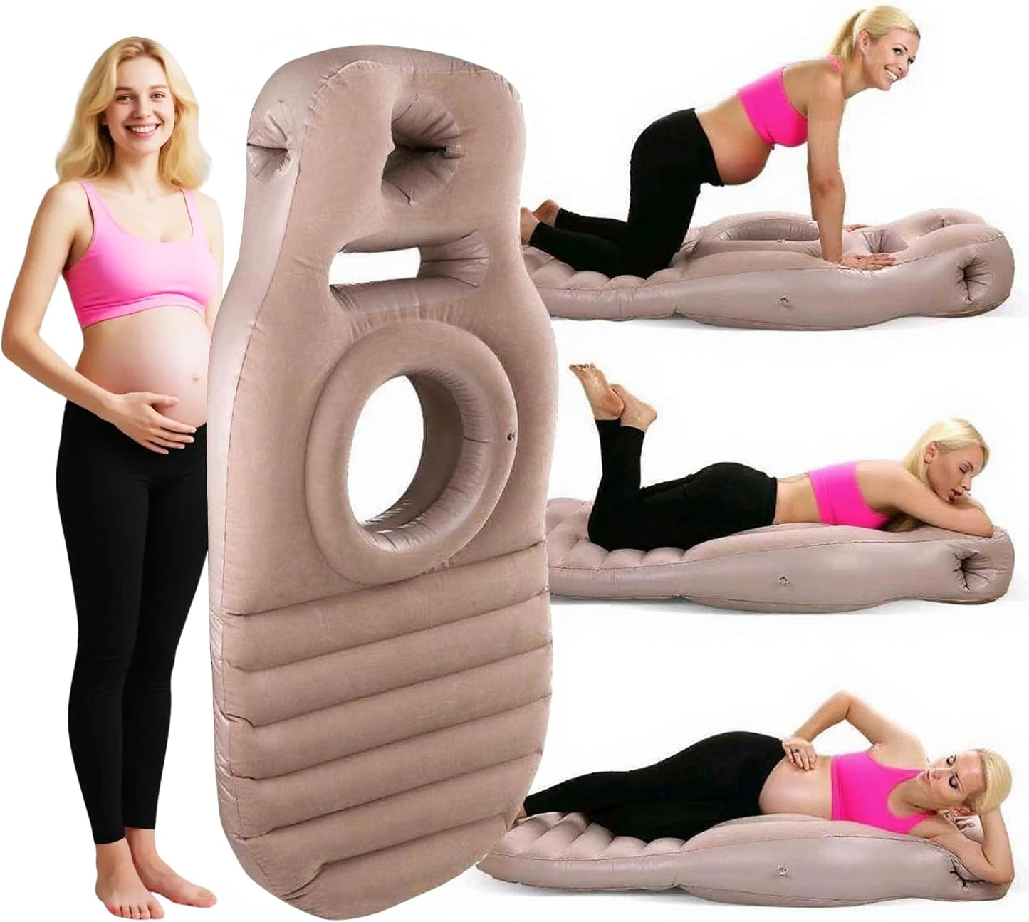 Portable Inflatable Pregnancy Pillow, Full Body Support Pregnancy Mattress with Electric Pump, Pregnant Blow Up Pillow with Hole for Stomach Sleeping, Back Pain & SPD Relief (Khaki)