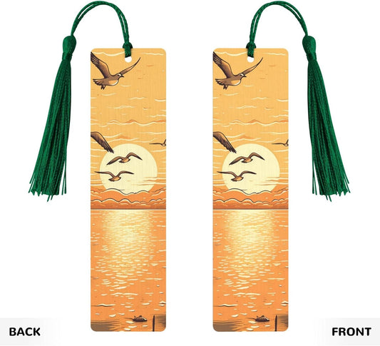 Seagulls Flying Over Bookmarks Gifts for Women Men, Wooden Bookmarks for Book Lovers, Vintage Book Marks Ornaments with Tassel, Unique Personalized Reading Page Markers Dark Green