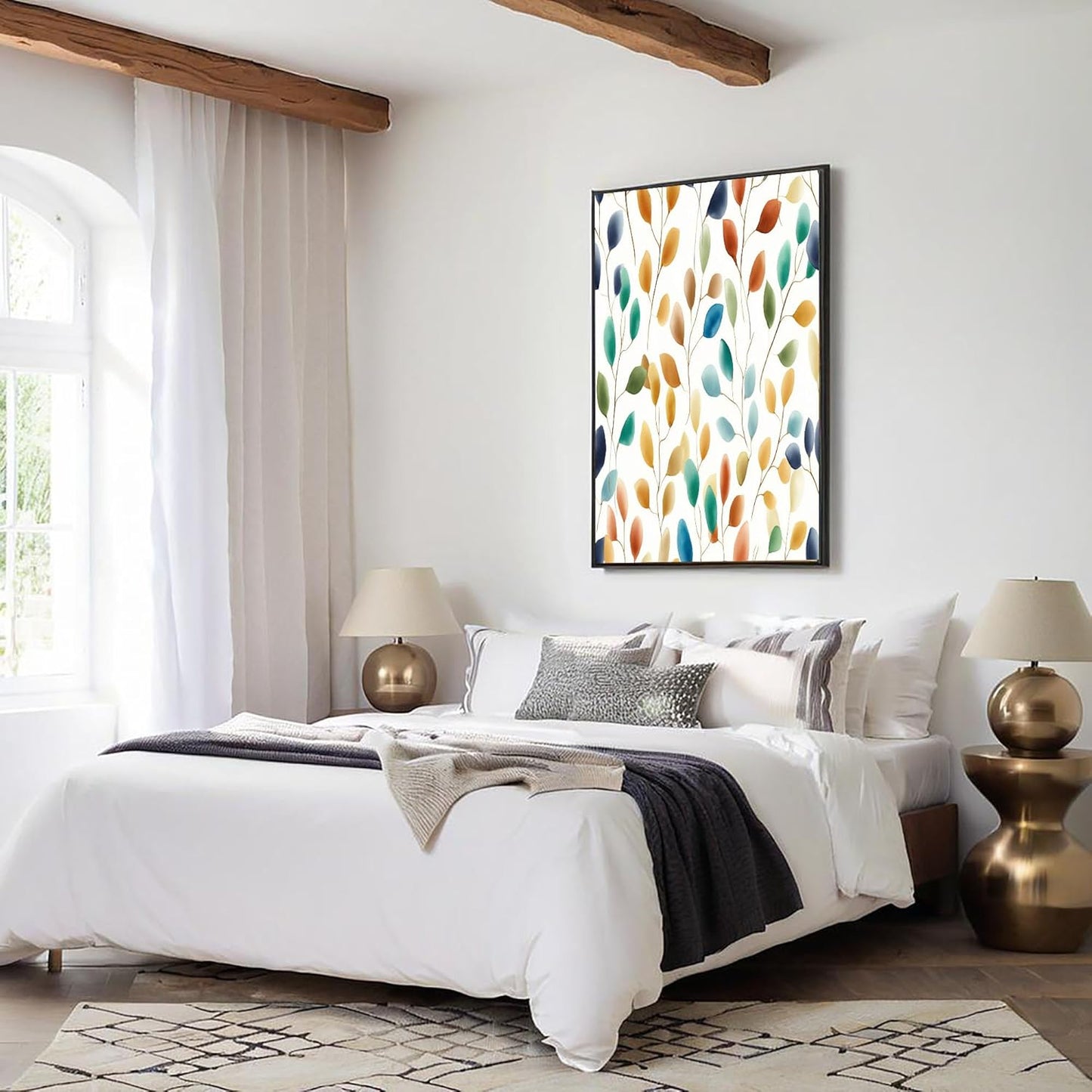 GDJSMIN Watercolor Abstract Branches Wall Art, Orange Green Leaves Pattern Poster For Reading Room Living Room Decor 12X 16 Inch Unframed