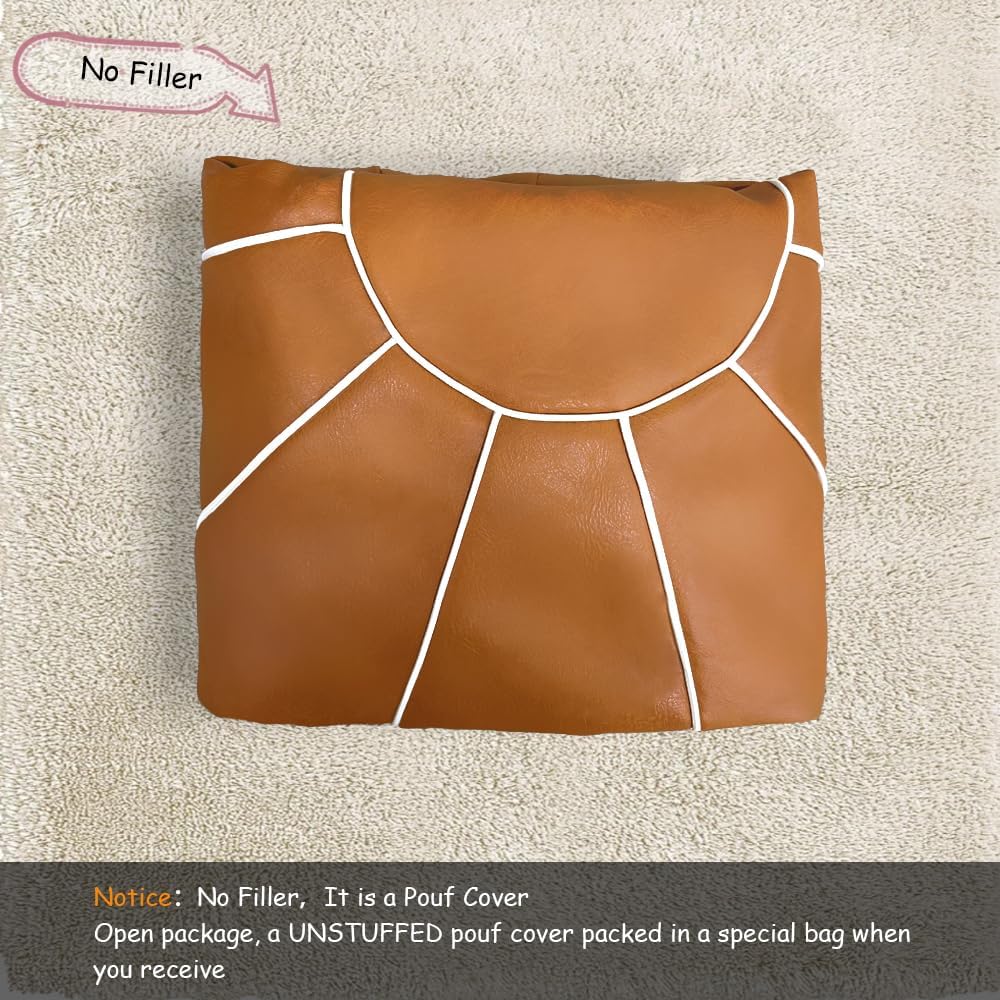 Louis Donné Pouf Ottoman Cover, Handmade Faux PU Leather Moroccan Style, Unstuffed Pouffe Ottomans,20.8" Round Foot Rest for Living Room,Floor Small Bean Bag Chair Gifts for Kids ONLY Cover(Orange)