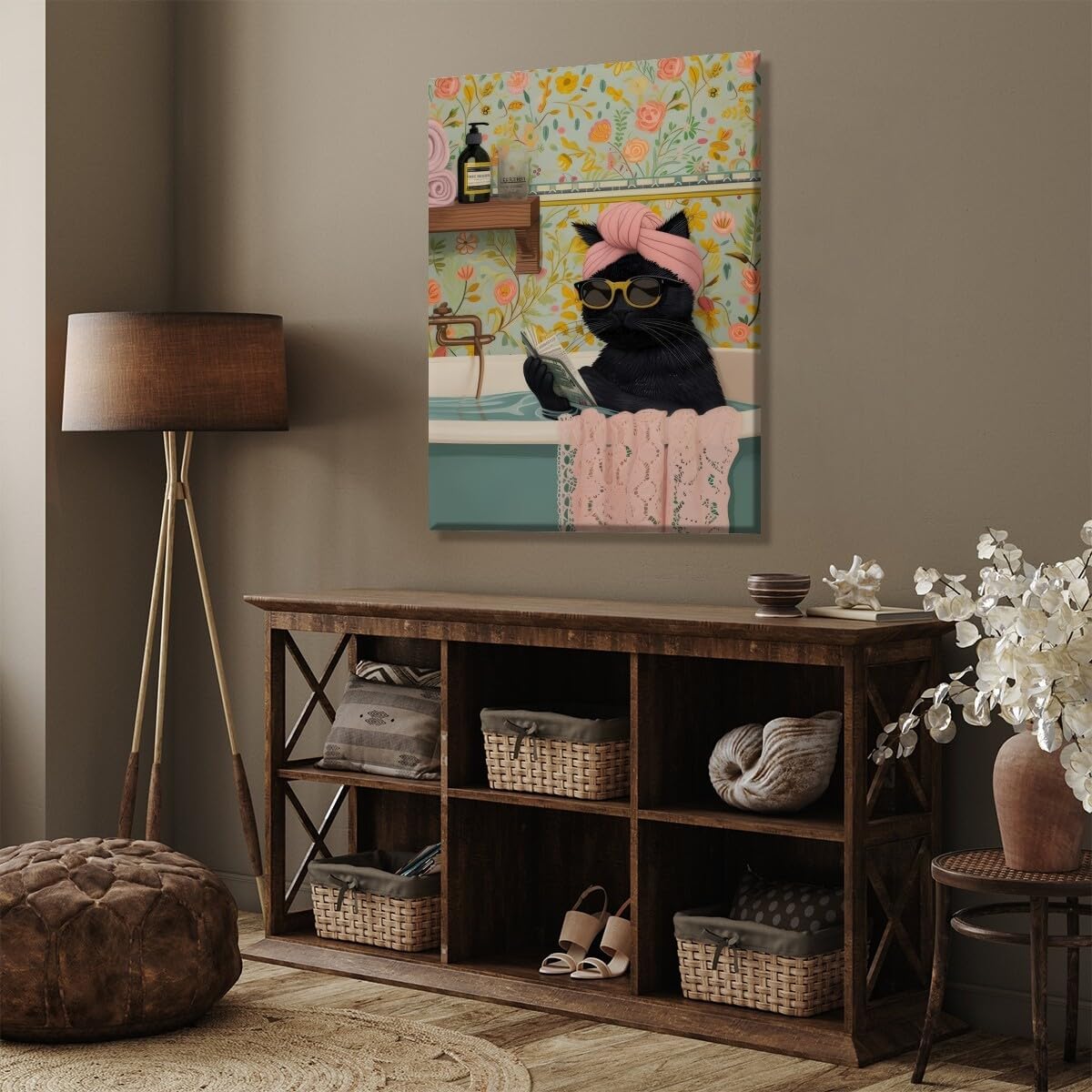 Funny Black Cat Bathroom Canvas Wall Art Cute Cat Reading a book in the Bathtub Poster Print Eclectic wall Decor Trendy Home Aesthetic Bathroom Toilet Decoration Unframed12x18inch