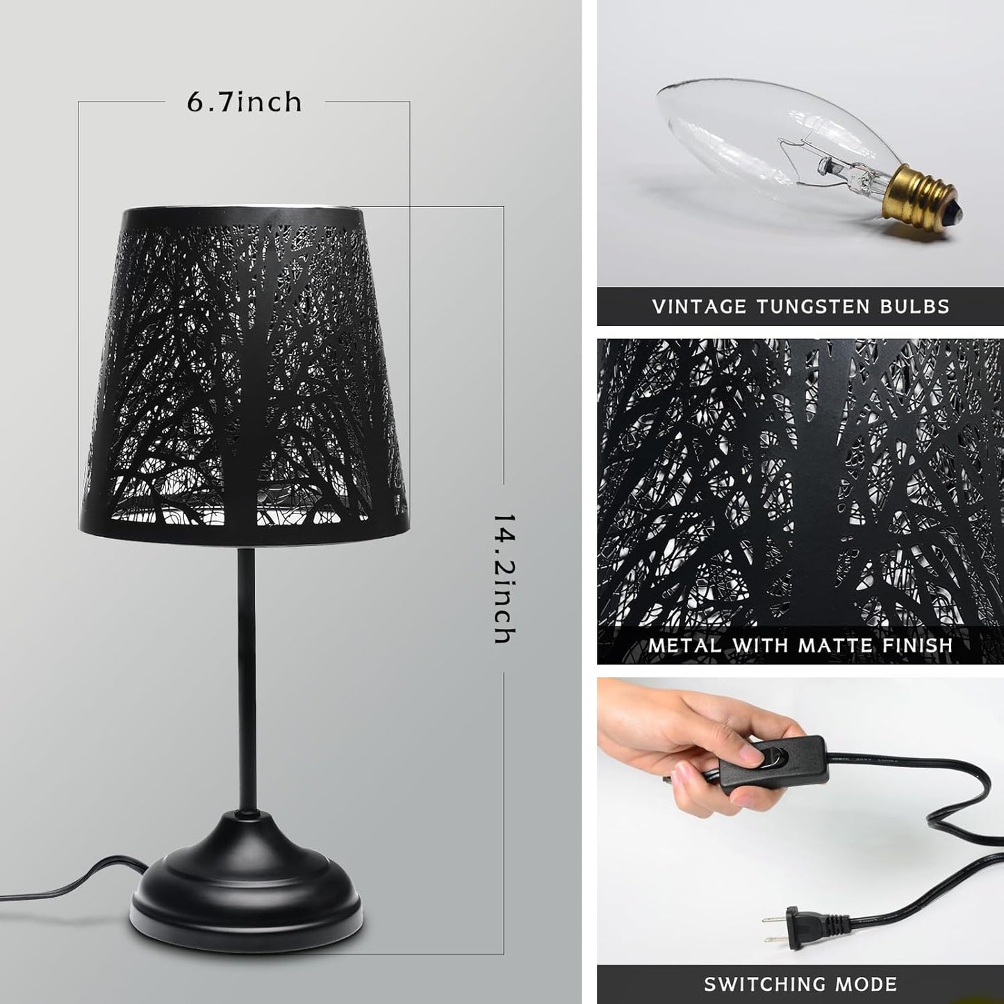 Black Metal Tree Shadow Table Lamp, Vintage Rustic Bedside Lamp, Small Bedside Night Light for Kids, Ambient Mood Lighting for Bedroom Living Room, Halloween Gothic Decorative Small Spaces Table Lamp
