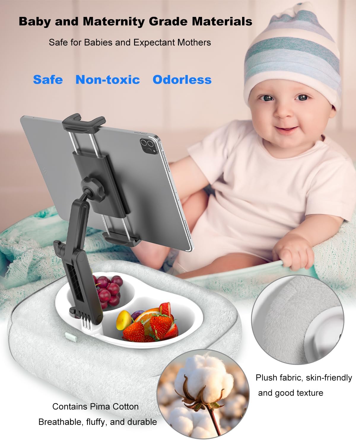 Tablet Pillow Stand [Organic Cotton & Food Grade Tray] Adjustable Kindle Pillow Stand Holder for Lap/Bed/Couch/Desk, Fits 4.7-15.6" iPad, Kindle, Galaxy Tab, Phone, Detachable Bowl