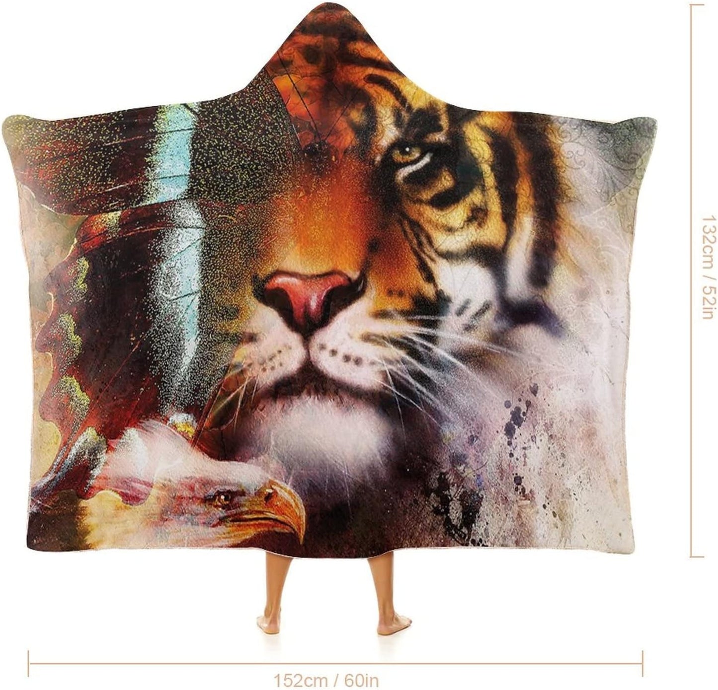 Throw Blankets, Tiger Wearable Hooded Blanket for Adults, Various Symbols of Nature Large Bengal Bald Eagle, Soft Warm Cozy, 40 x 50inches, Studying Reading Snuggling Napping Office, Multicolor