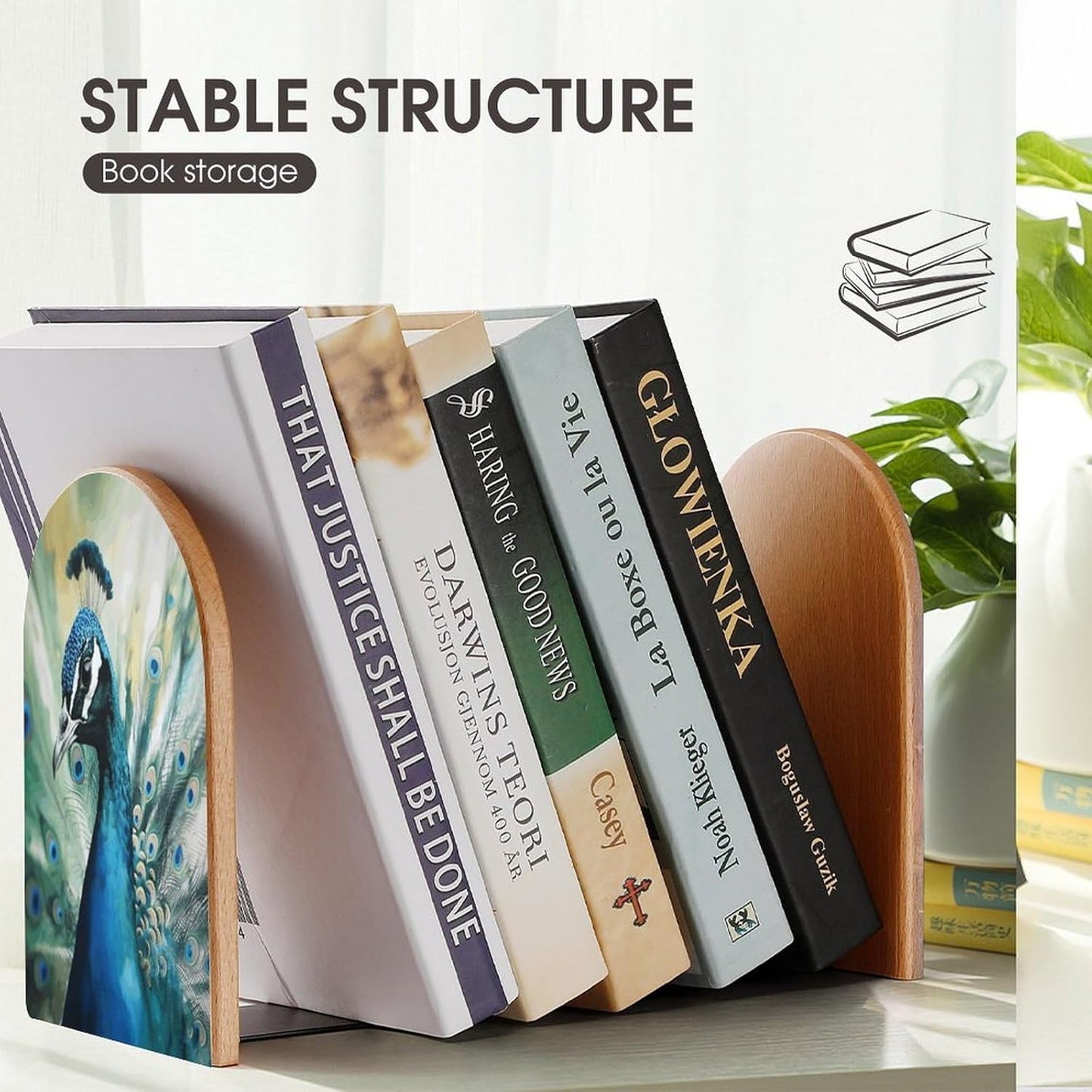 Cute Peacock Bookend for Shelves Wooden Book End Large Size Sturdy Book Holders Stoppers with Metal Base for Bookshelves Slick Decorative Bookends Stands