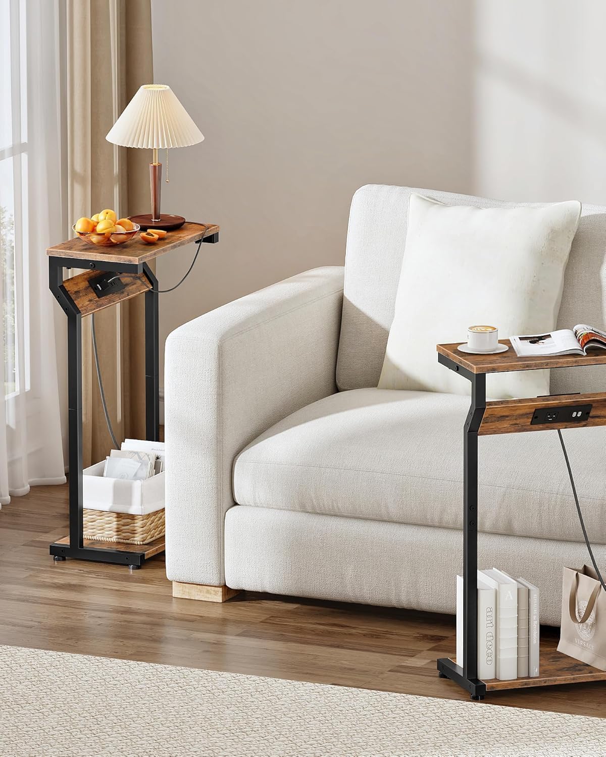 Narrow Side Table with Charging Station, 27" Skinny End Table for Small Spaces, Couch Table with Storage, Slim Tray Table with USB Ports, for Living Room, Bedroom, Rustic Brown TBZ27UBF