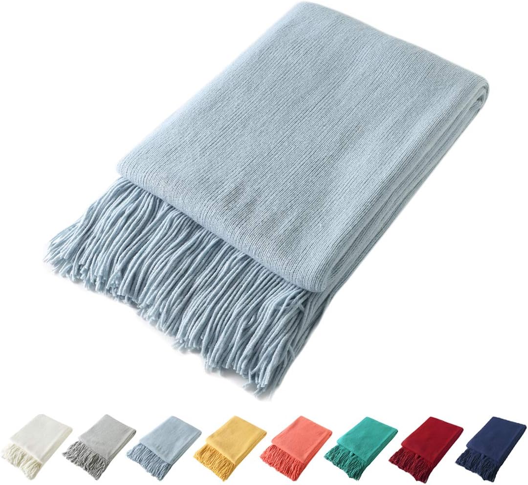 Homiest Decorative Knitted Throw Blanket with Fringe Soft & Cozy Tassel Blanket for Couch Sofa Bed (Baby Blue,50x60)