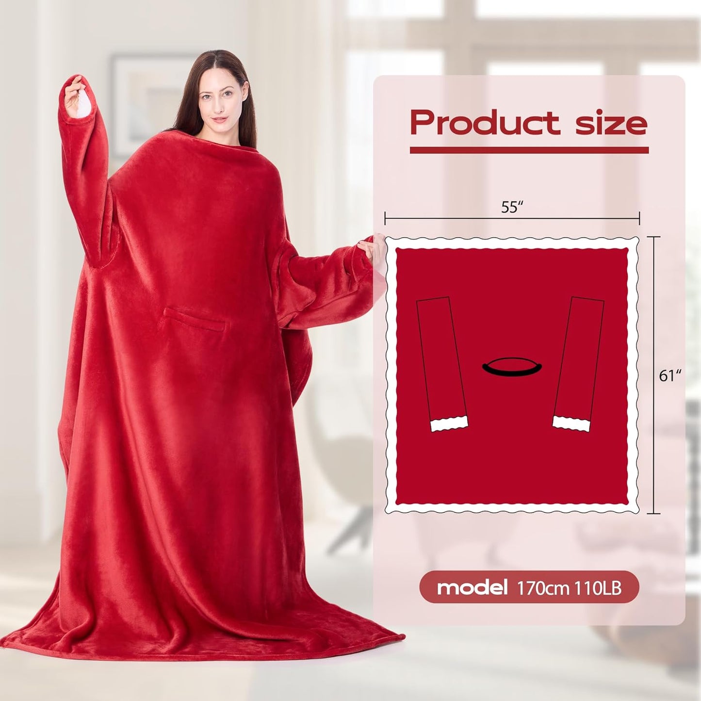 Wearable Blanket with Sleeves, Cozy Wearable Blanket with Arms and Pockets for Women Men, Warm TV Wrap Throw Blanket Robe as Gifts for Mom Wife, Wine