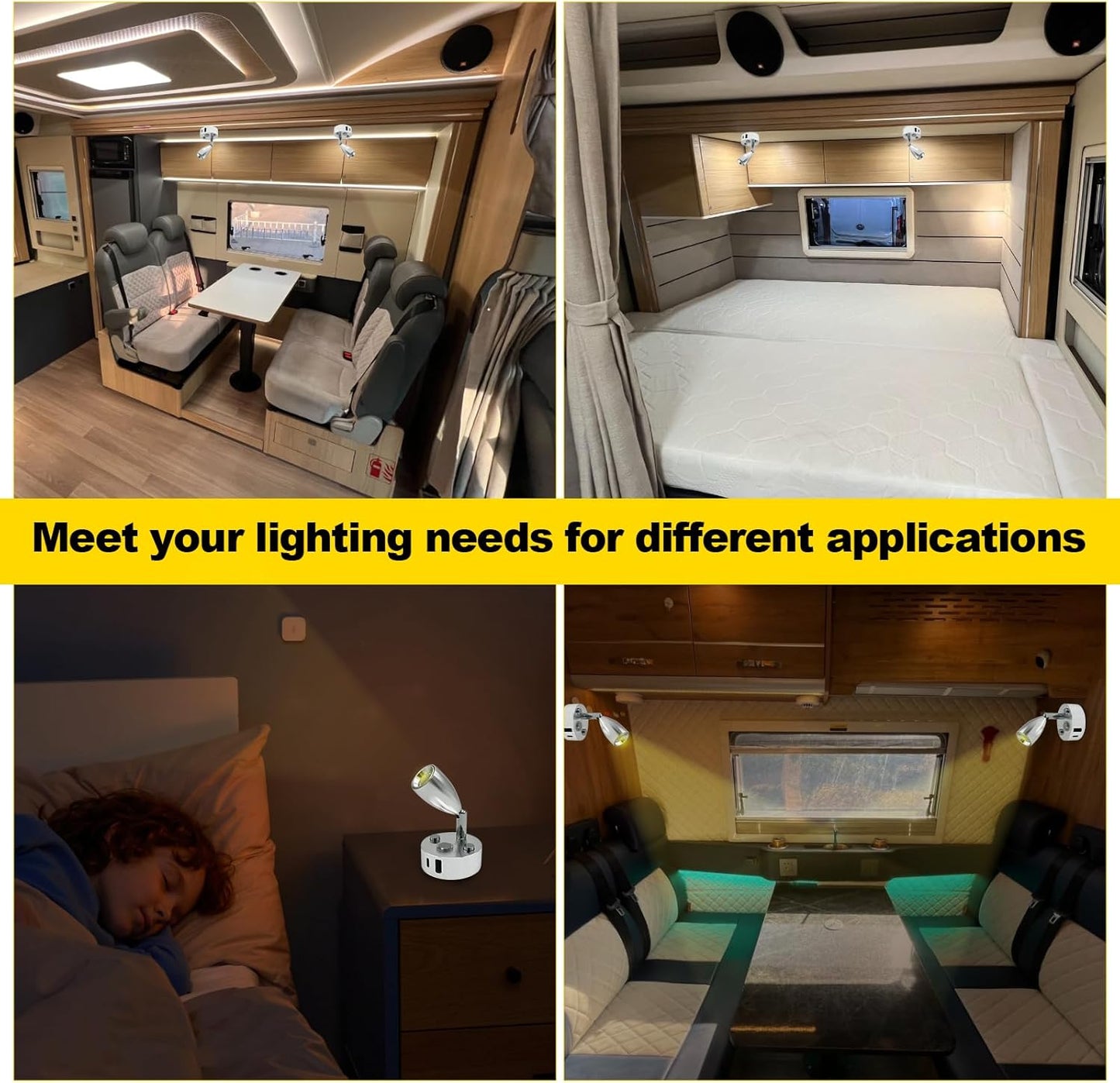 12V LED RV Interior Reading Light, Dimmable, with Dual USB Ports, RV Bedside Reading Light with Touch Switch, for Campers and Travel Trailers