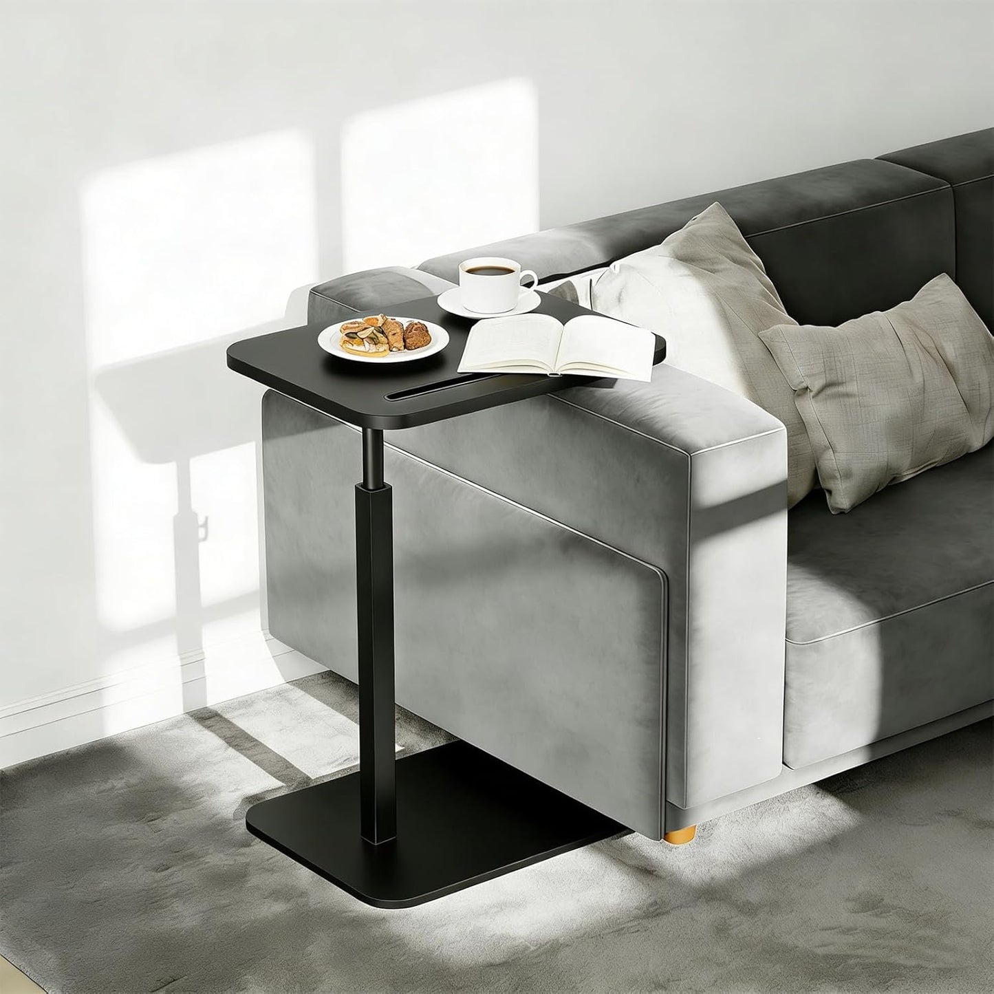 TV Tray Table for Couch, 360° Swivel Height Adjustable TV Tray Table, C Shaped End Table Slides Under Sofa, Snack & Laptop Side Tray for Small Spaces, Black