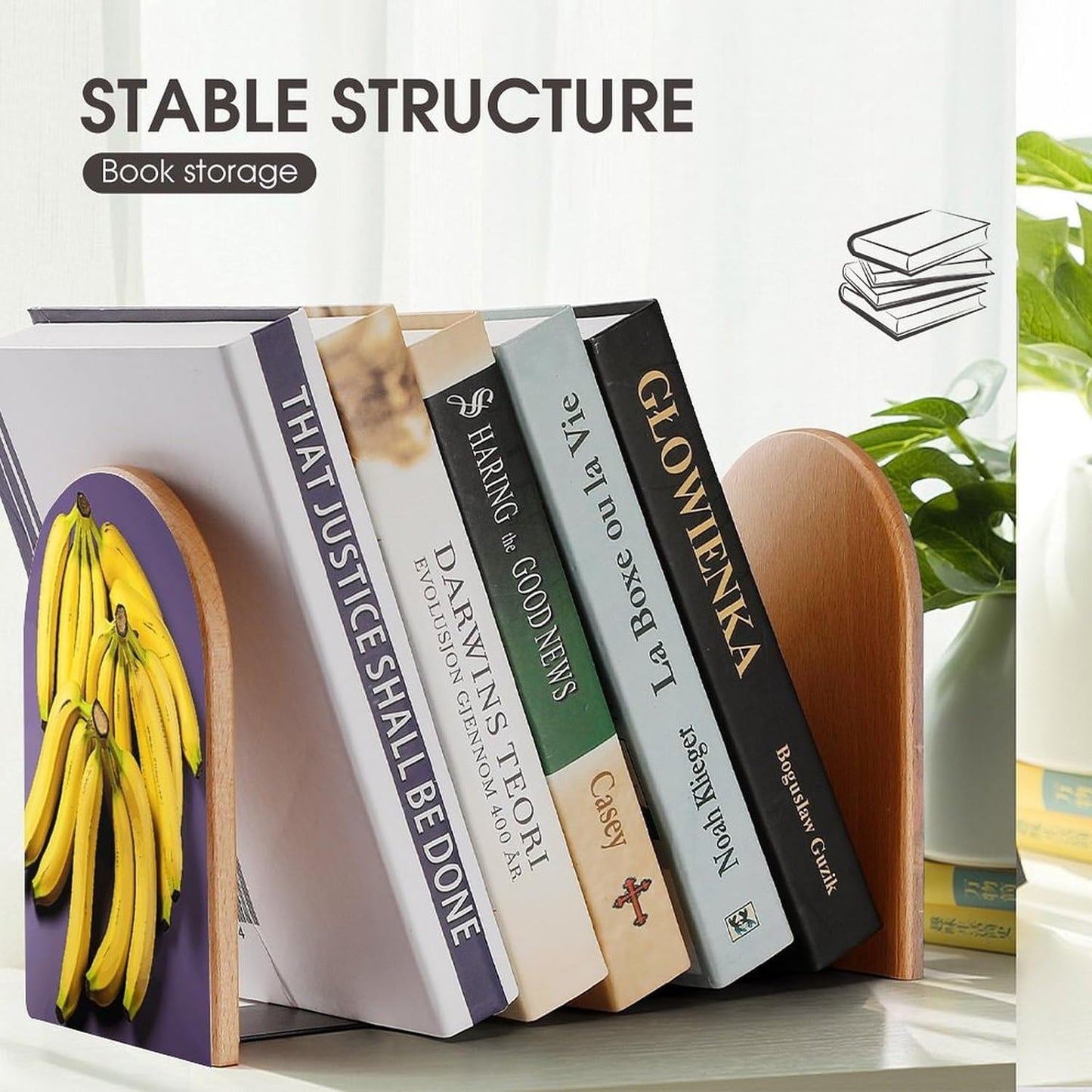 Unique Banana Fruit Bookend for Shelves Wooden Book End Large Size Sturdy Book Holders Stoppers with Metal Base for Bookshelves Slick Decorative Bookends Stands