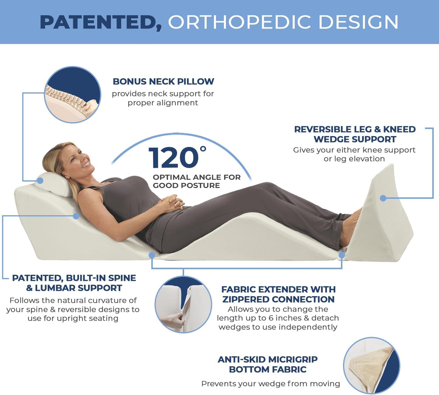Contour BackMax Bed Wedge Lumbar Support System - Multi-Positional Back, Leg & Knee Elevation Pillows for Sleep & Recovery with Orthopedic Zero Gravity Weightless Comfort - Bonus Half Roll Neck Pillow