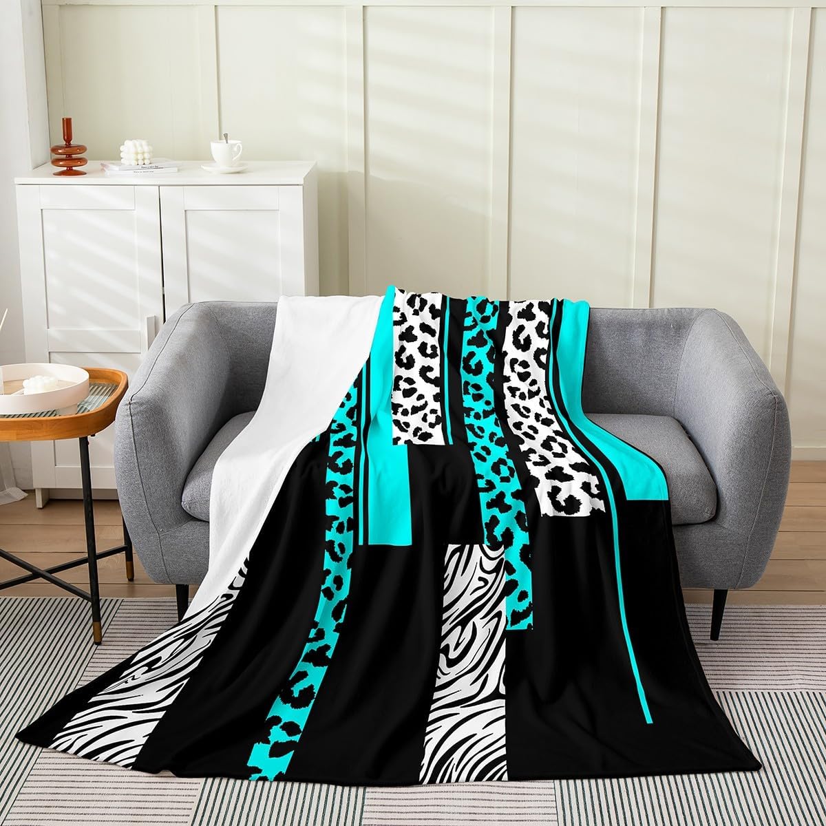 Feelyou Leopard Zebra Plush Throw Blanket, Throw 50"x60" Kids Cheetah Teal White Black Flannel Fleece Blanket for Teens Animal Print All Season,Bed Blanket Breathable Safari Geometric Room Decor