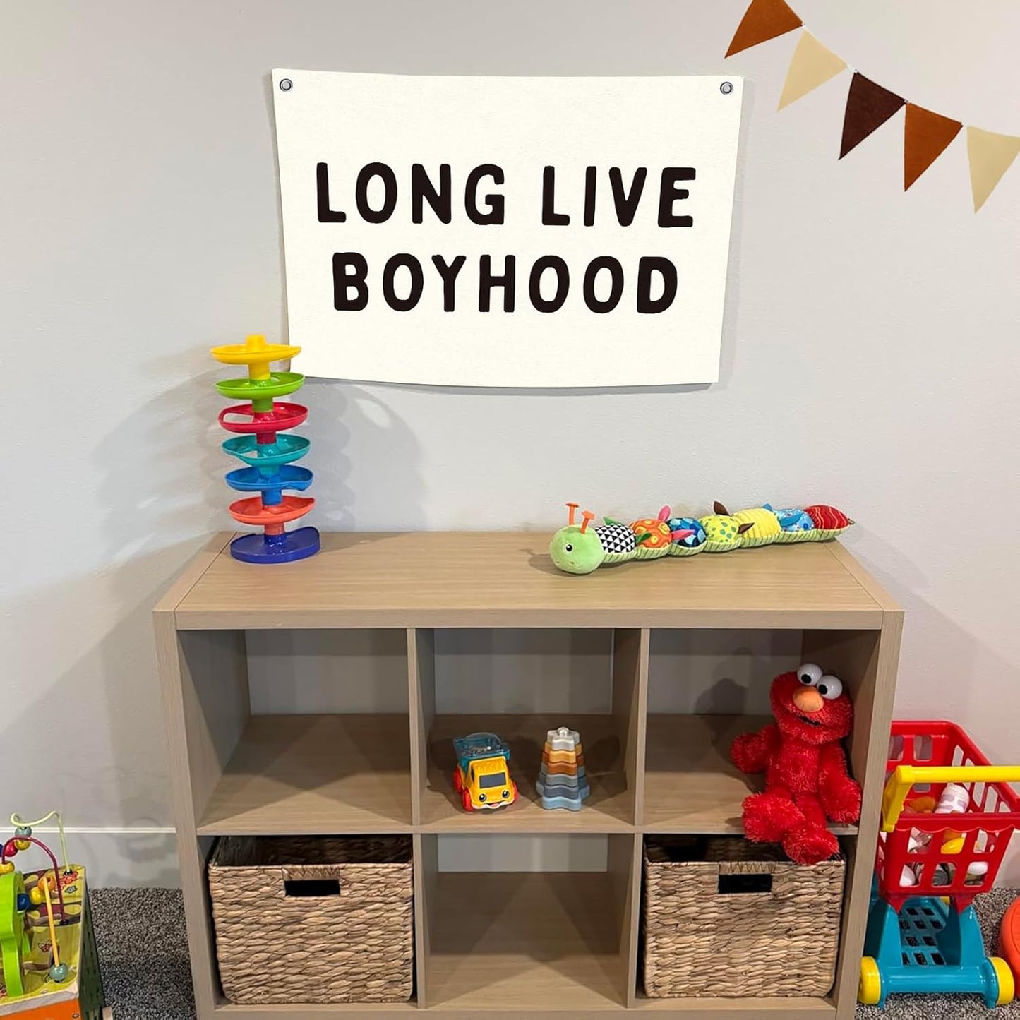 Long Live Boyhood Boys Room Decor Nursery Decor Linen Canvas Banner Wall Hanging Flag for Boys Bedroom Decoration Toddler Boy Room Nursery Wall Art 30x20 Inch with Neutral Felt Triangular Flags