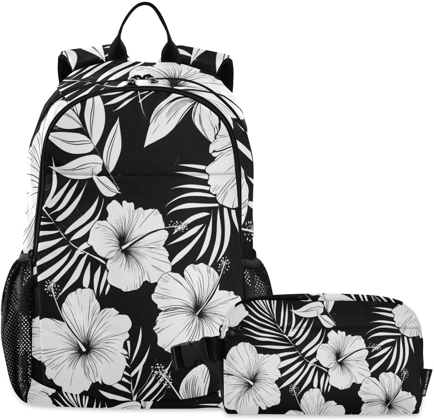 Backpack with Lunch Bag Bookbag Set,Hibiscus Flower Black White Pattern Backpack for Middle High School College Student,21L Schoolbag Kid's Backpack Bookbag Casual Daypack