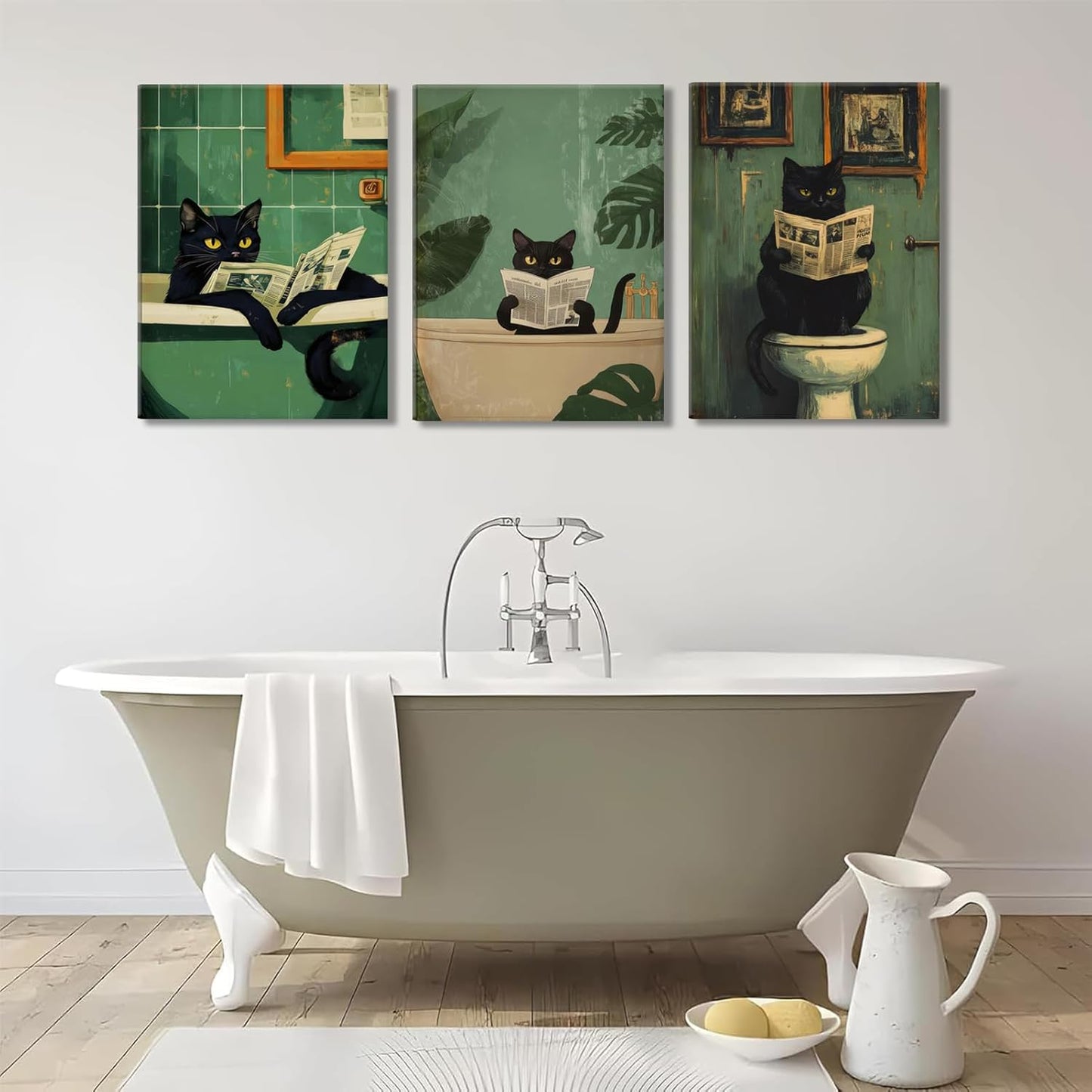 BOKPEN Black Cat Bathroom Canvas Wall Art,Cute Cat Reading Newspaper Funny Bathroom Poster Prints,Green Toilet Art Vintage Painting Artwork for Washroom Aesthetics Whimsical Quirky Room Decor 16x24in