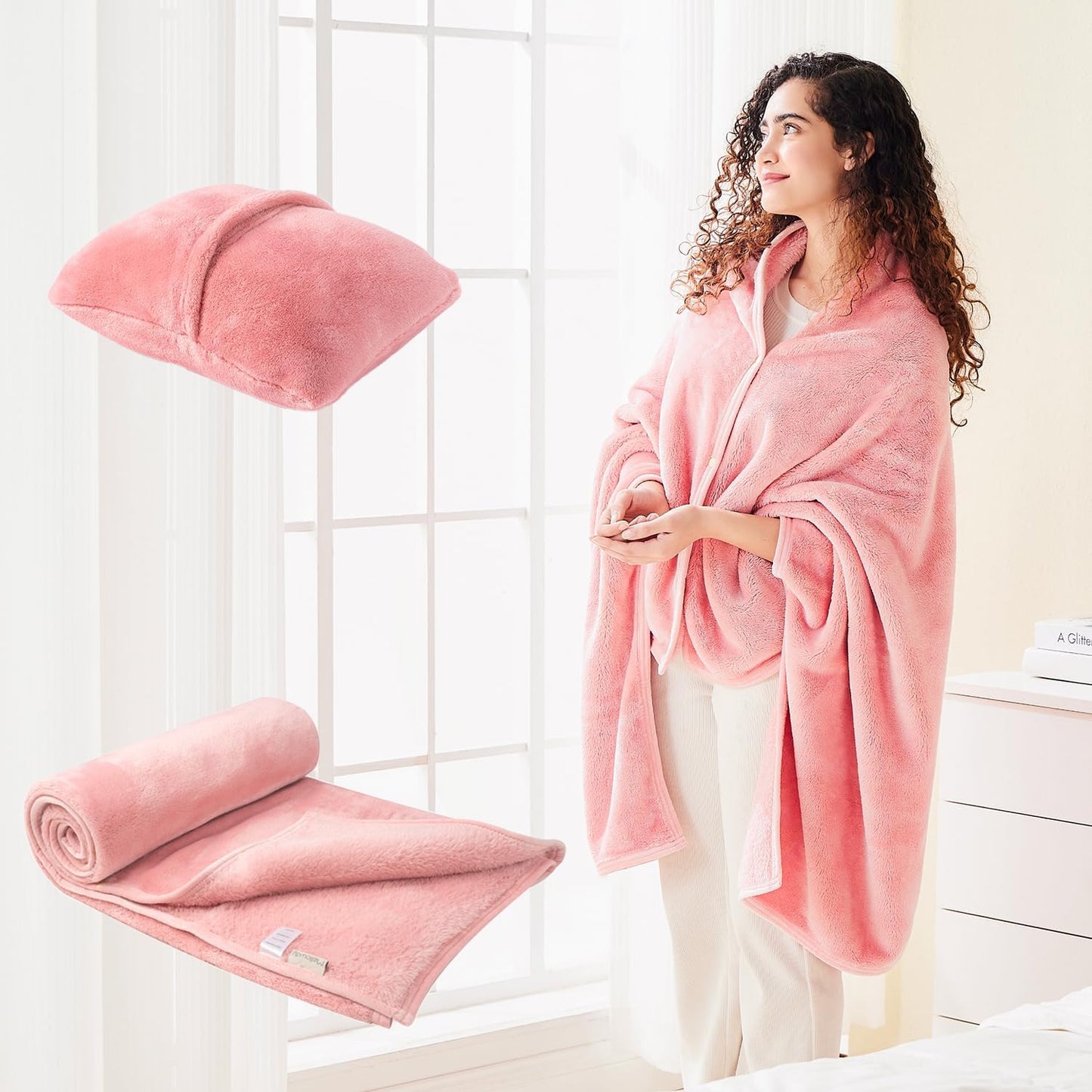 Mellowdy Shawl Blanket Pillow 2-in-1 with Sleeves for Office, Work, Home (Blossom Pink, 40x60) - Wearable Adult Snuggie Coat Poncho, Airplane Travel Set, Fleece Shoulder Wrap for Men and Women
