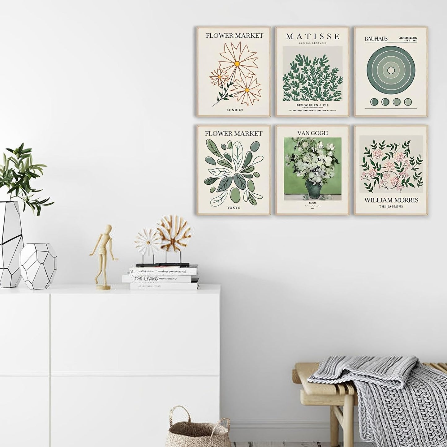 Canvas Trend Minimalist Boho Wall Art Set of 6, Flower Market Prints, Neutral Sage Green Botanical Wall Decor for Bedroom Living Room Bathroom, Modern Abstract Aesthetic Posters Unframed, 8x10inch