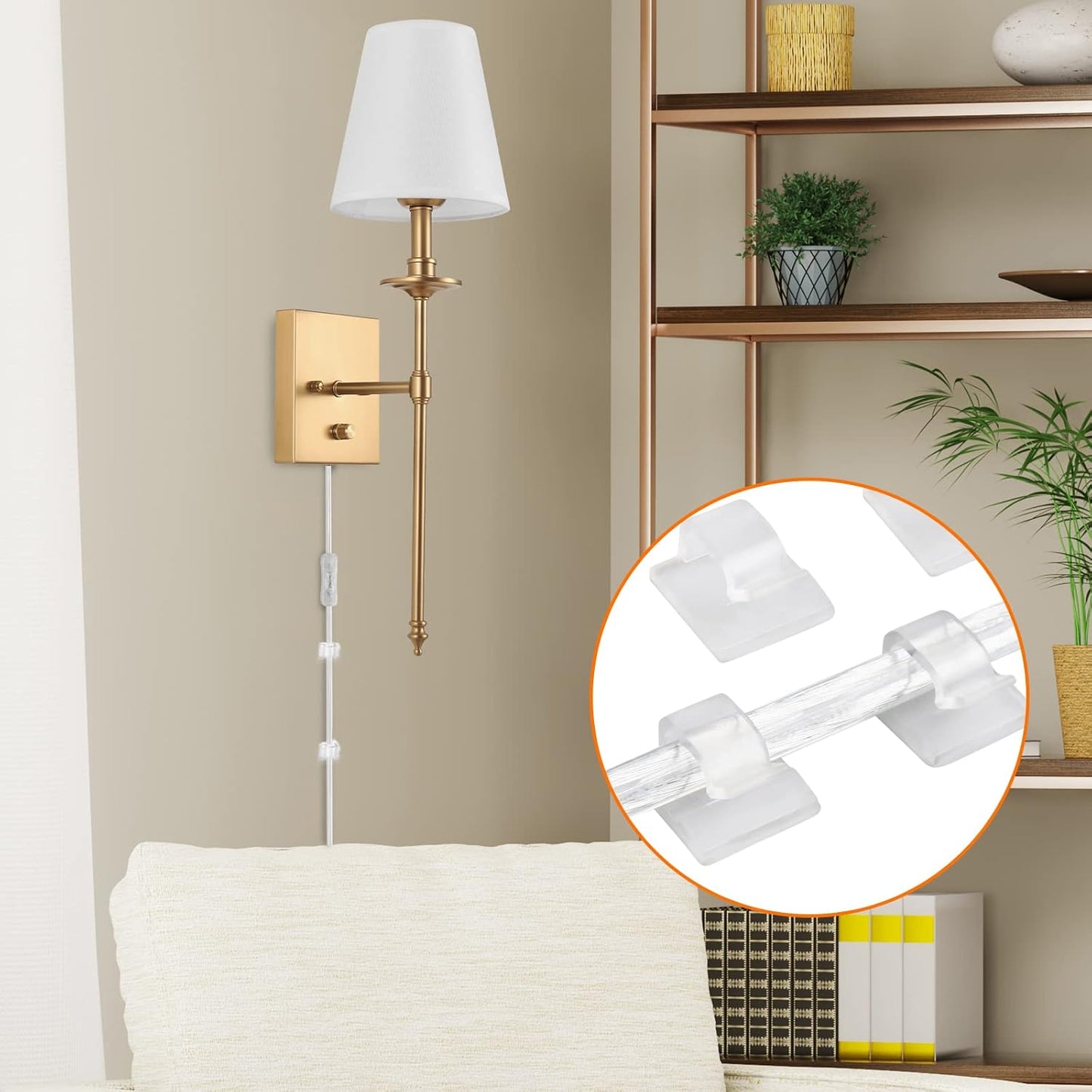 Dimmable Wall Sconces Set of Two, Plug in Wall Sconces White Fabric Shade, Wall Lamp for Bedroom, Living room, Plug in Wall Light Sconces Wall Decor Set of 2, LED Bulbs Included, Antique Brass