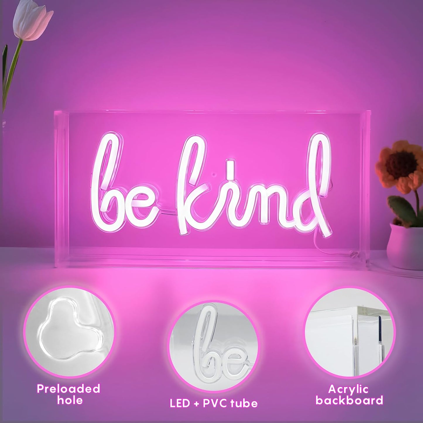 Be Kind Neon Sign, Desk Lightbox Be Kind Sign USB LED Neon with ON/OFF Switch, 3D Neon Light up Sign For Girls' Room, Bedroom, Pub, Hotel, Beach, Cocktail Bar, Christmas Gift Decor (Pink）