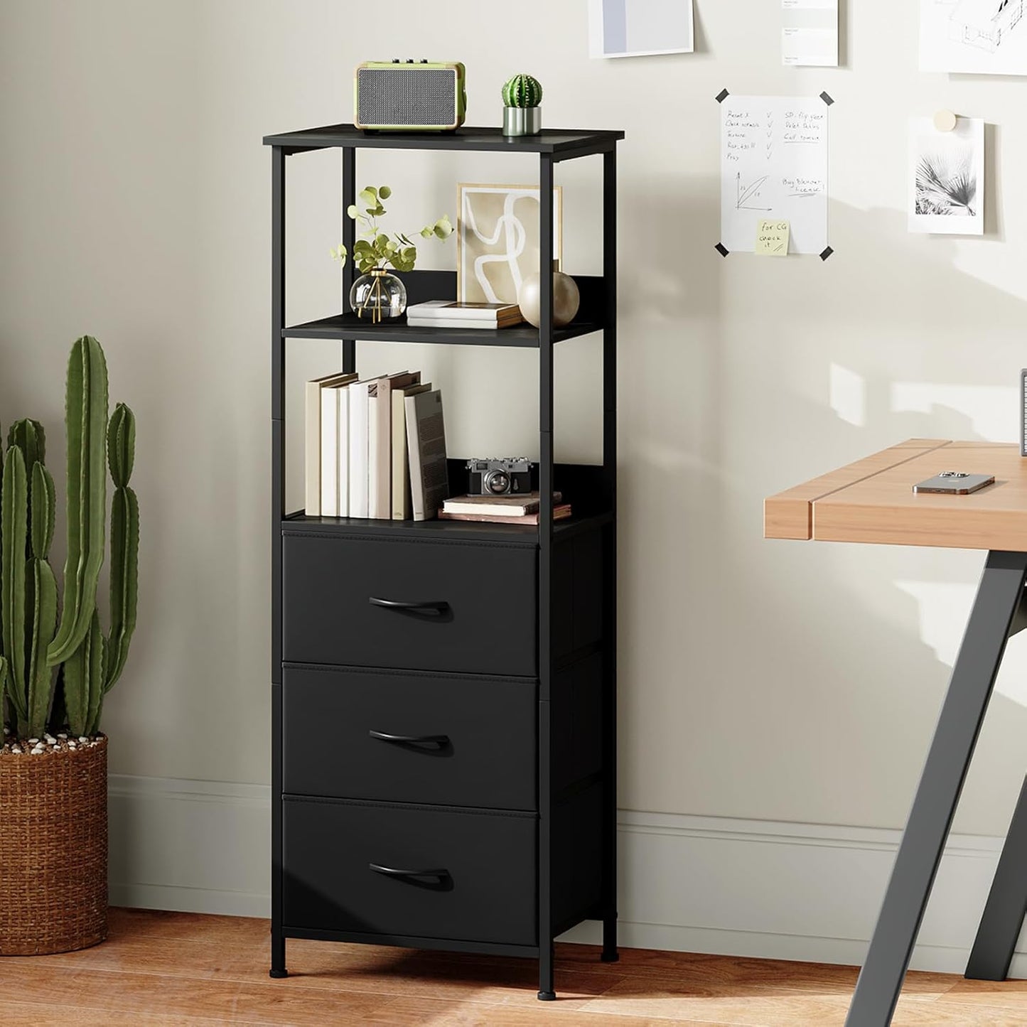 Somdot 5 Tier Bookshelf with Drawer, Tall Bookcase with Shelves, Bookshelf Desktop Organizer, Display Standing Shelf Units for Living Room, Bedroom, Study Room,Black