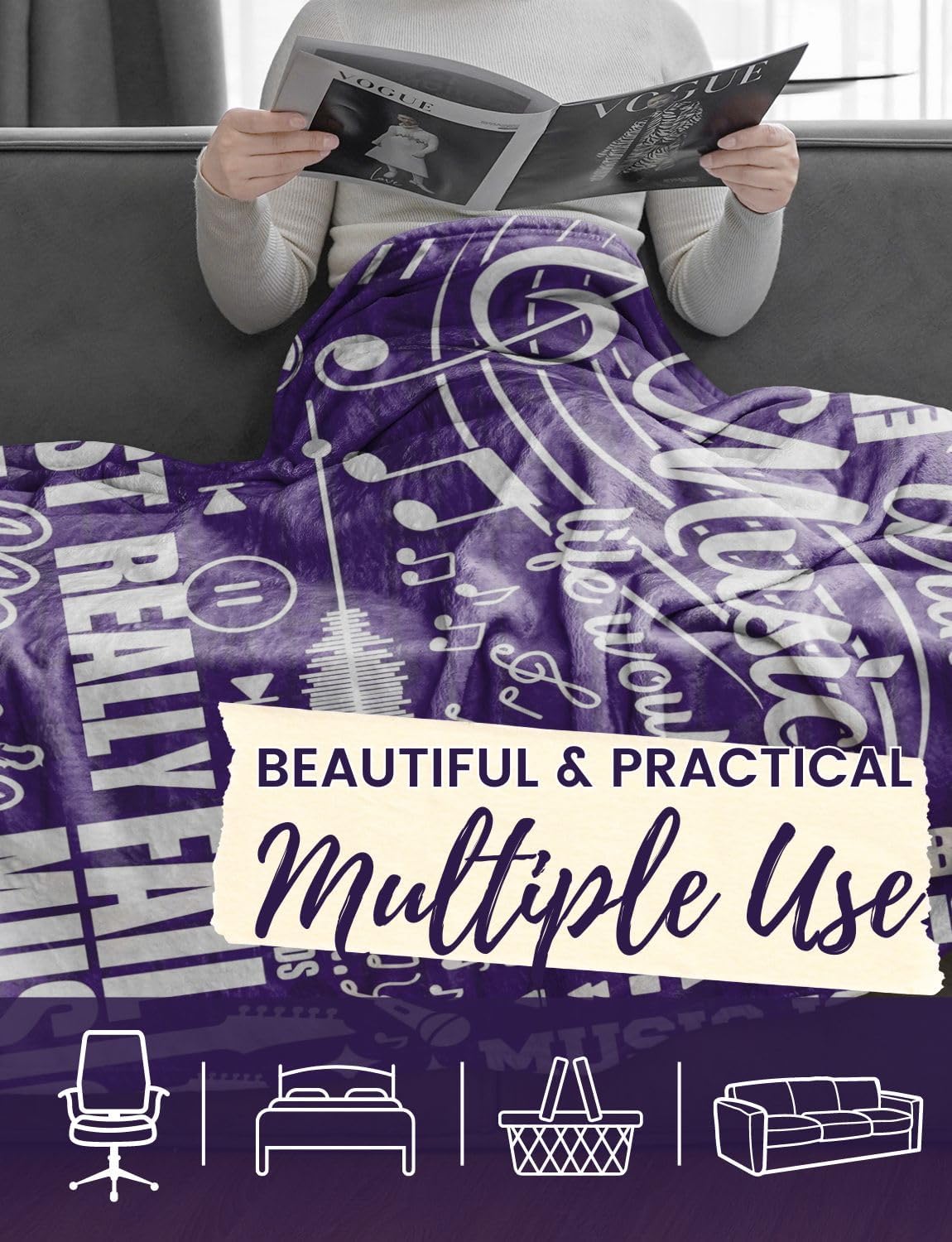 Music Gifts for Women Girls, Without Music Life Would Be Flat, Music Themed Blanket for Daughters, Coworkers, Music Teachers, Flannel Throw Blanket 50x65 Inches for Adults Teens, Purple