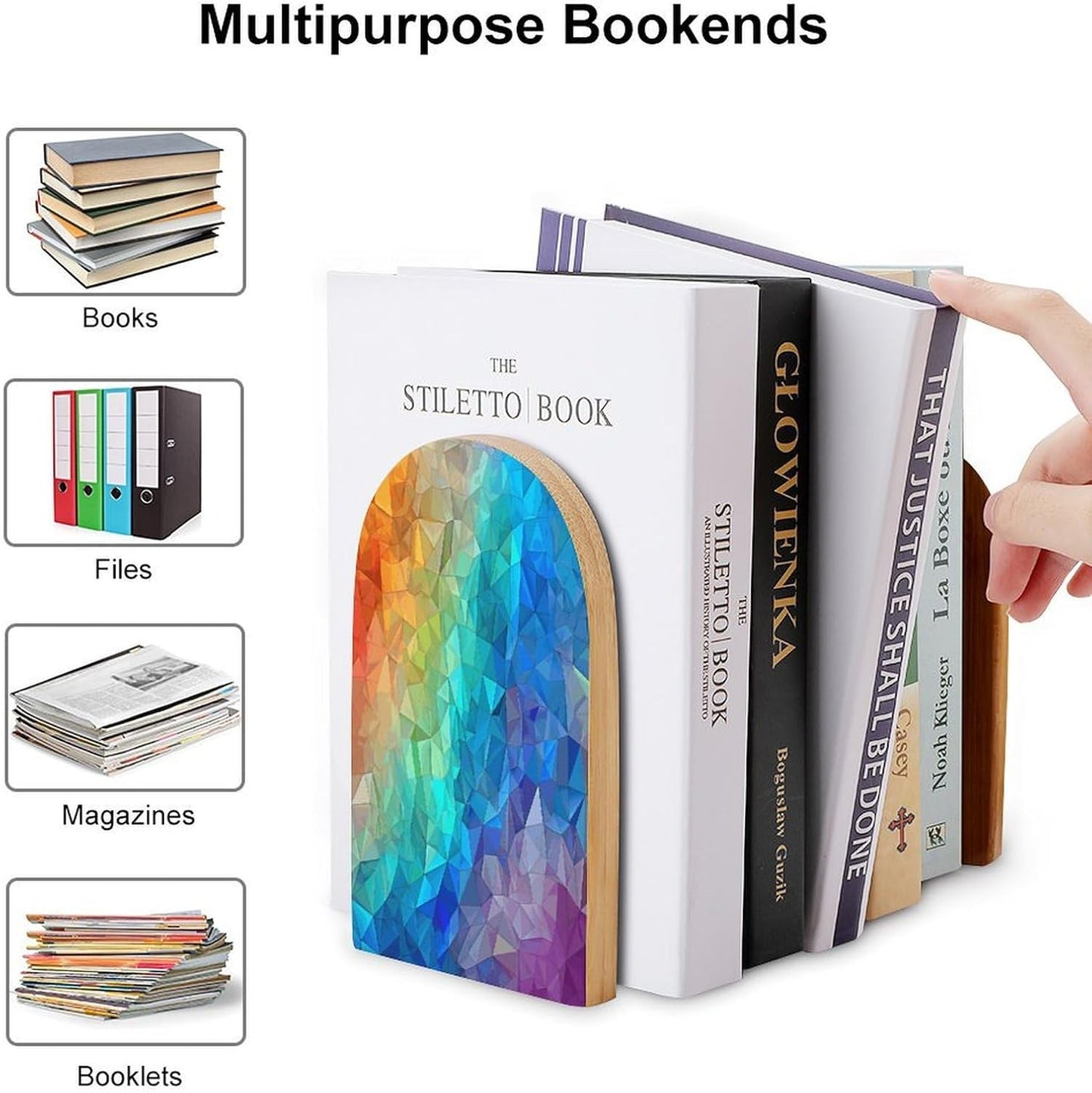 Rainbow Triangle Bookend for Shelves Wooden Book End Large Size Sturdy Book Holders Stoppers with Metal Base for Bookshelves Slick Decorative Bookends Stands