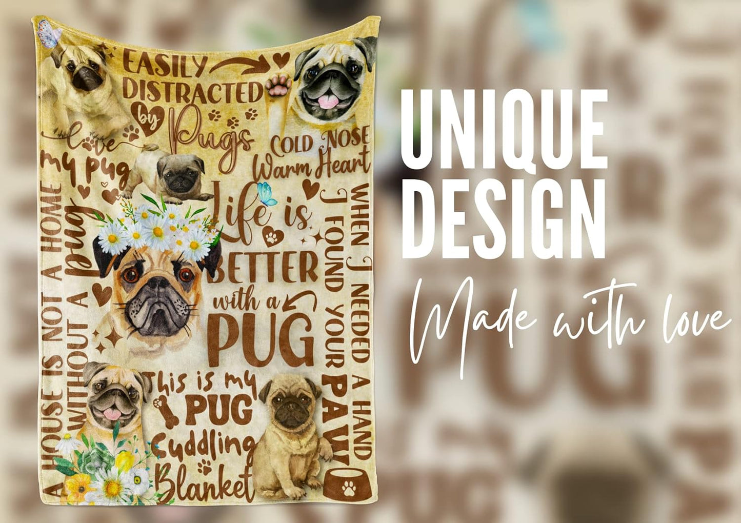 Pug Gifts for Pug Lovers, Soft Watercolor Flannel Throw Blanket for Dog Mom Dad Women Men, 50x65 Inches