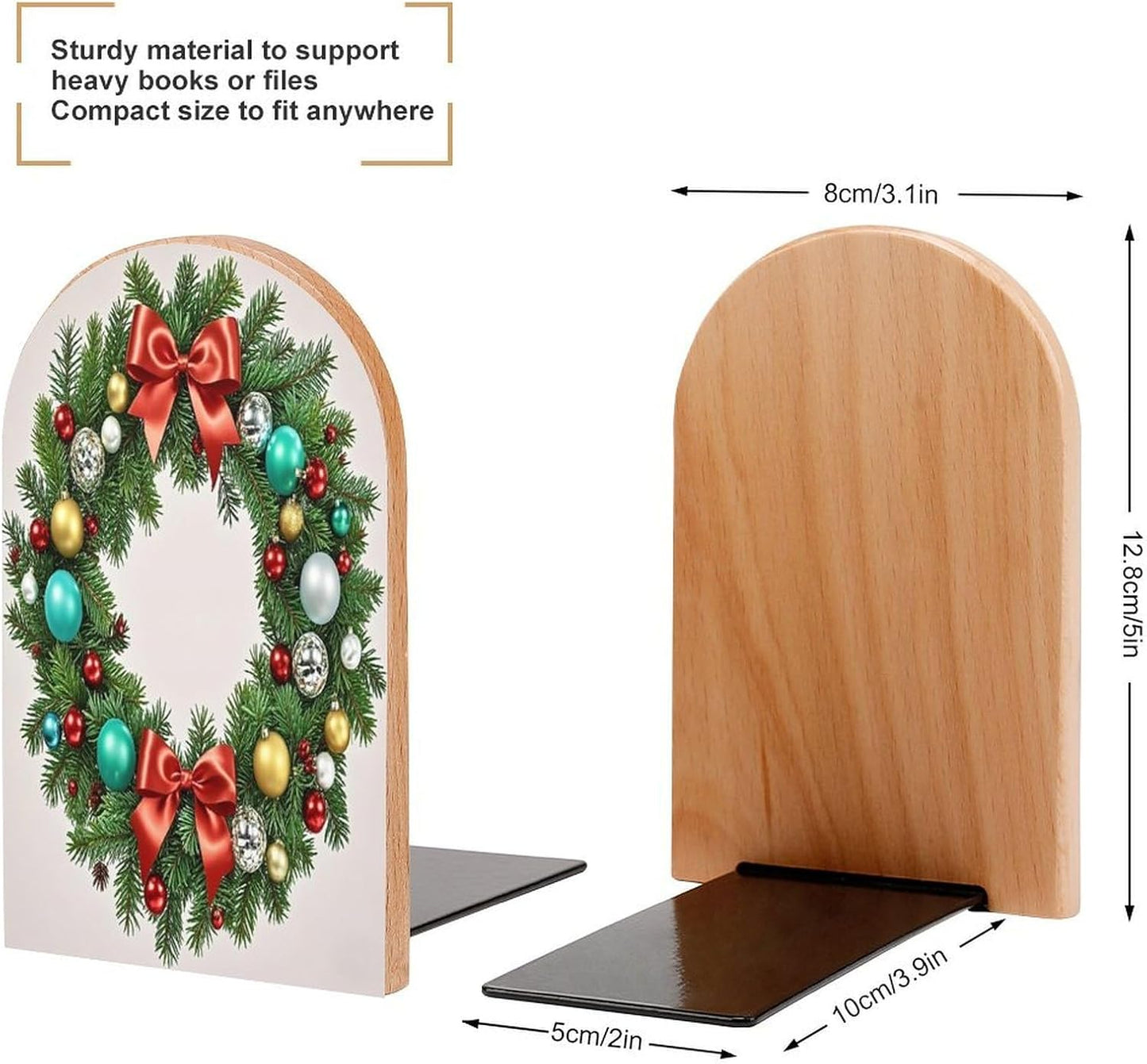 Christmas Wreath of Evergreen Branches Bookends 1 Pair Heavy Duty Book Ends for Shelves Non-Skid Bookend Supports Wooden Book Holders with Metal Base Desk Organizers Books Storage to Hold Books