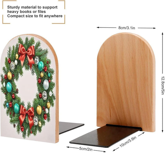 Christmas Wreath of Evergreen Branches Bookends 1 Pair Heavy Duty Book Ends for Shelves Non-Skid Bookend Supports Wooden Book Holders with Metal Base Desk Organizers Books Storage to Hold Books