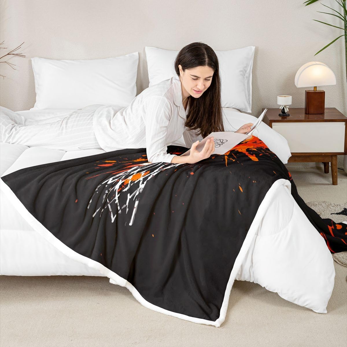 Feelyou Basketball Sherpa Throw Blanket for Couch Sports Super Soft Cozy Fleece Basketball Lover Blanket for Winter, Plush Throw Ball Game Baby 30"x40" Black Orange All Season