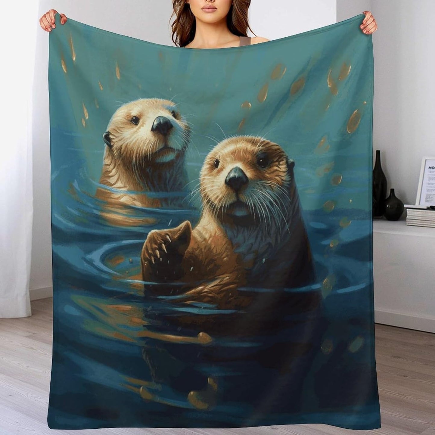 Sea Otters Painting Blanket Super Soft Lightweight Throw Blanket Cute Cozy Warm Bed Blanket Decorative Fuzzy Blanket All-Season Home Decor Gift for Sofa Couch Living Room 40"*50" （100 * 130cm）