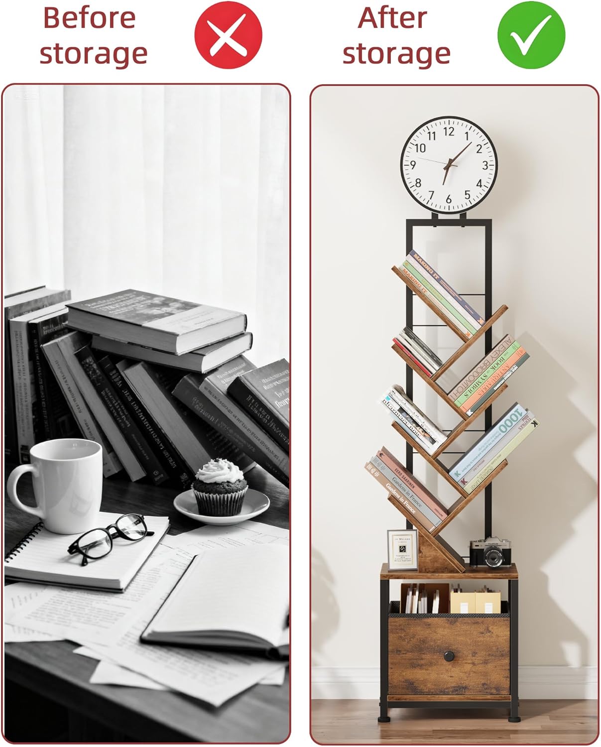 6 Tier Tree Bookshelf with Clock and Fabric Drawer, Small Narrow Bookcase, Tall Floor Standing Book Shelf for Bedroom, Living Room, Home Office, Rustic Brown