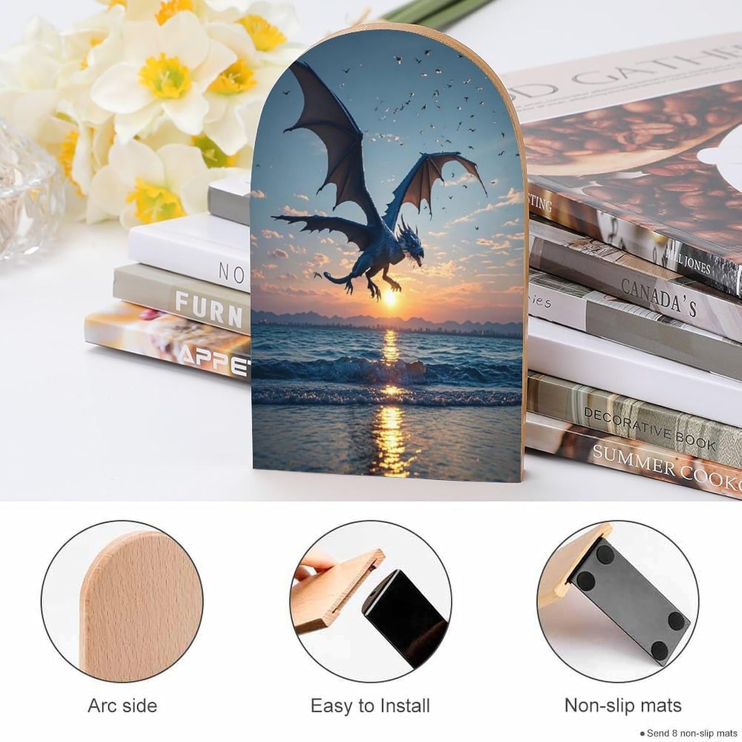 Sea Sunset Flying Dragon Bookends 1 Pair Heavy Duty Book Ends for Shelves Non-Skid Bookend Supports Wooden Book Holders with Metal Base Desk Organizers Books Storage to Hold Books