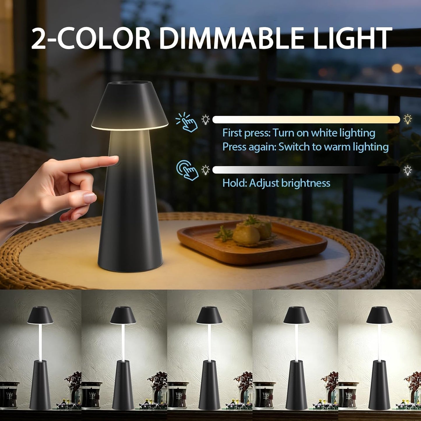 Cordless Rechargeable Table Lamp with Adjustable Height, Portable LED Desk Light with Smooth Dimming 2 Color Modes, Handheld Battery Operated Lamp for Bedroom, Dining, Camping, Desk, Outdoor (Black)