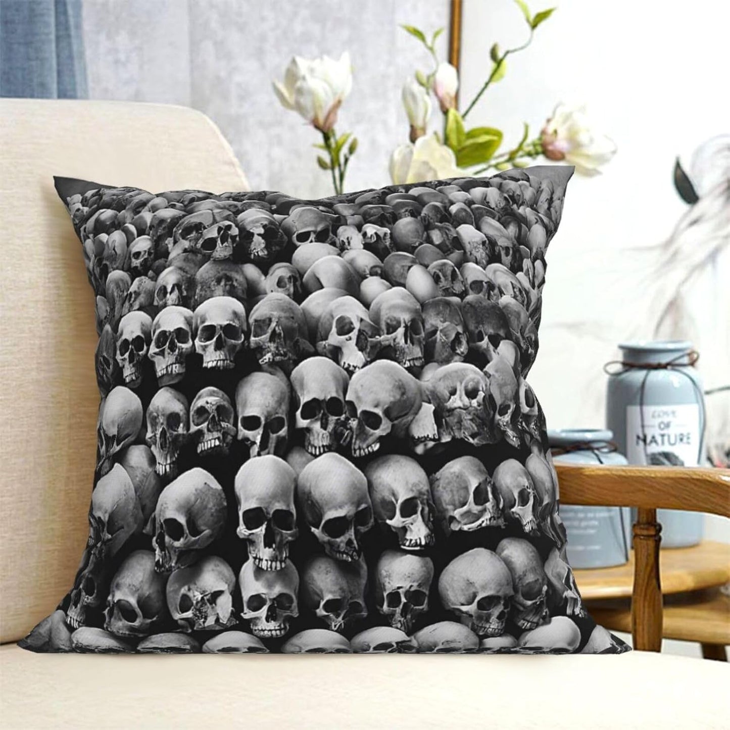 All-Season Square Pillow Covers 18"X18", Skulls Flowers, Decorative Throw Pillow Covers for Sofa Bed Couch, Hidden Zipper Cushion Cover, Square Lumbar & Accent Pillowcases for Home Decor