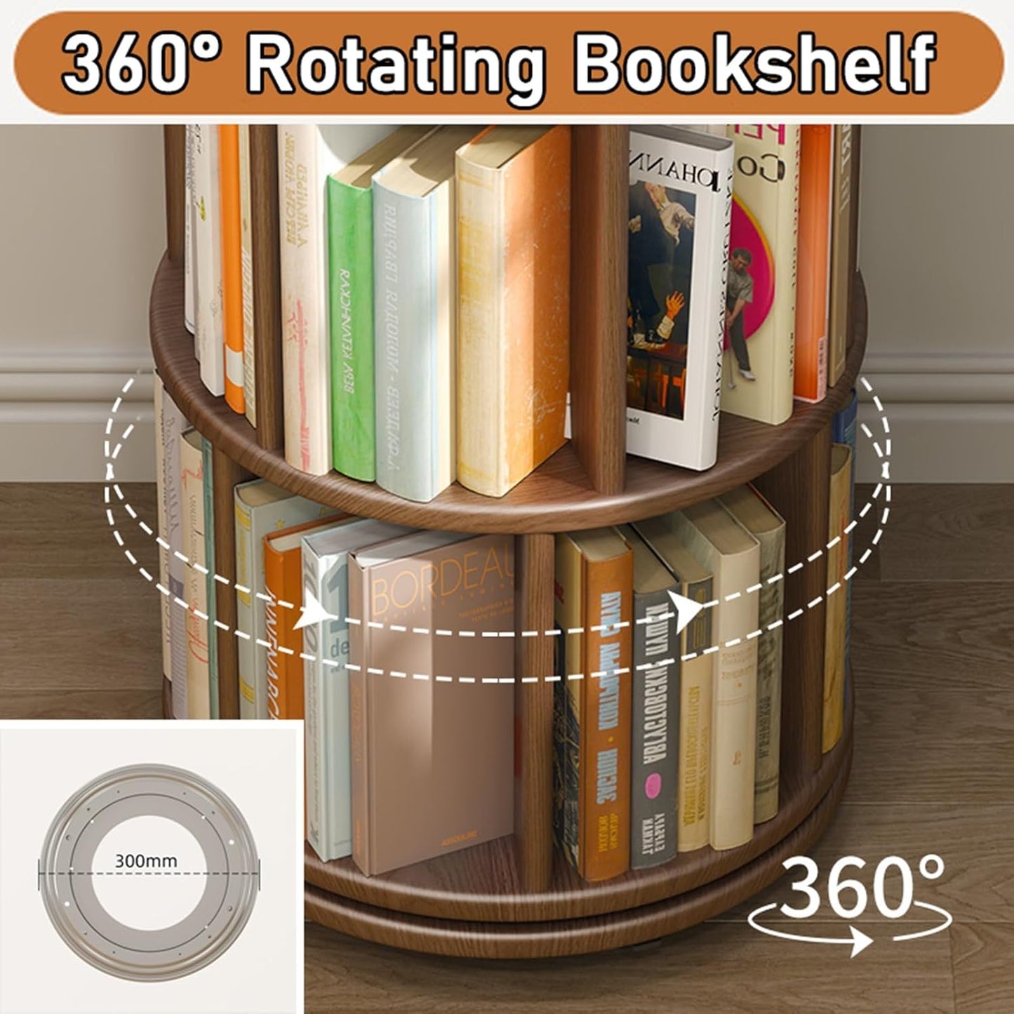 Quincunx Rotating Bookshelf 360° Revolving Bookcase Modern Floor Standing Storage Display Book Shelf Stackable Shelves Narrow Bookshelf (Walnut 3 Tier) (Walnut 4 Tier)