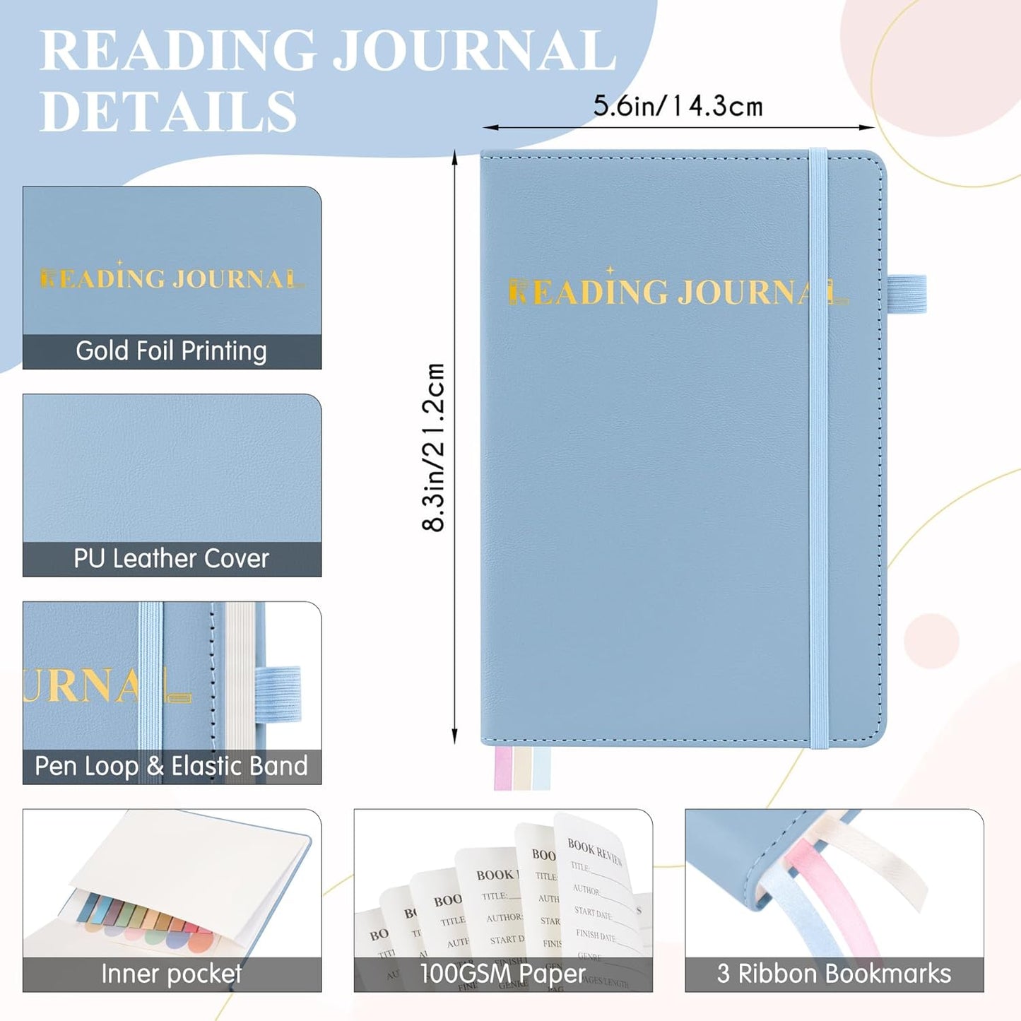AKONEGE Reading Journal for Book Tracking - PU Leather Book Journal Reading Log with 80 Reviews for Readers, Accessories with Sticky Tabs, Pen Holder, Ribbon Bookmarks, 5.6" x 8.3", Light Blue