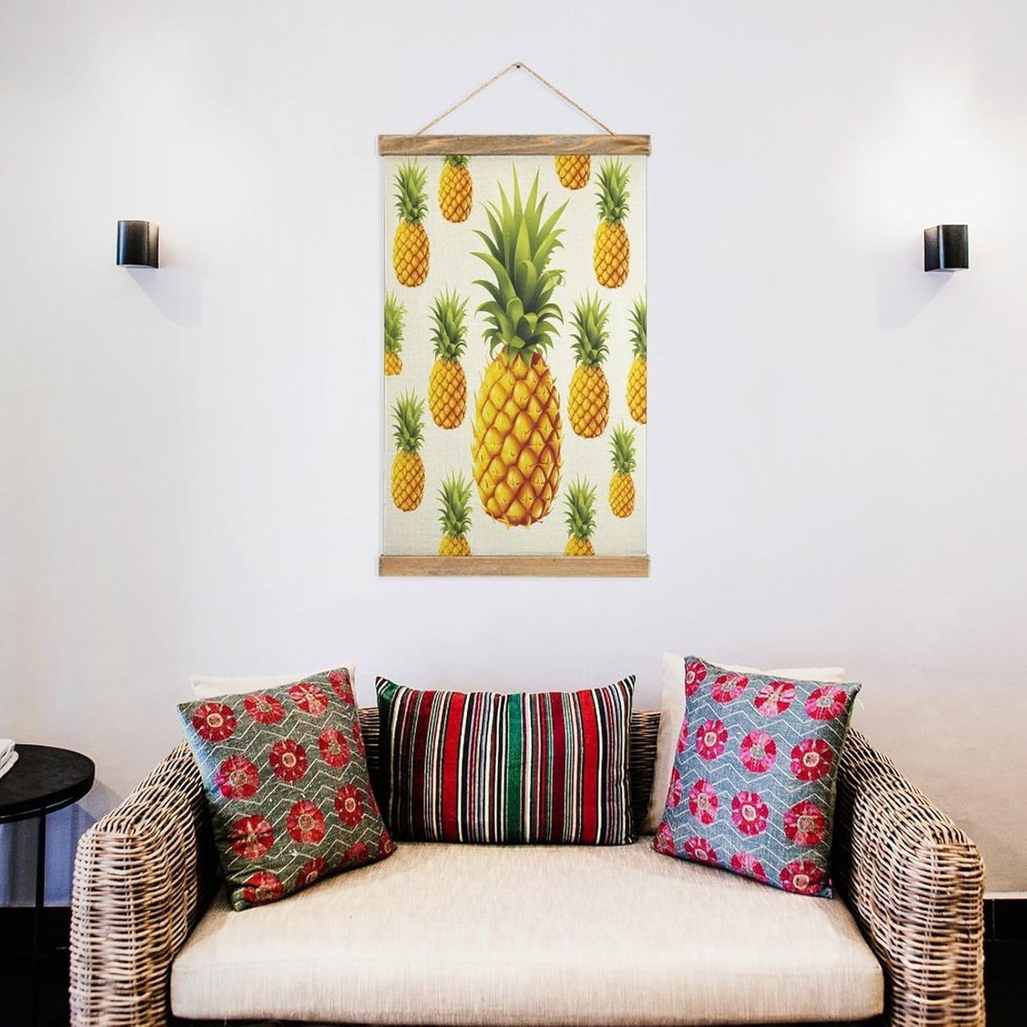 Vintage Yellow Pineapple on White Background Illustration Poster with Wooden Frame Personalized Linen Hanging Scroll Painting Rustic Wall Hanging Illustrative Modern Artwork Decor for Home Living Room