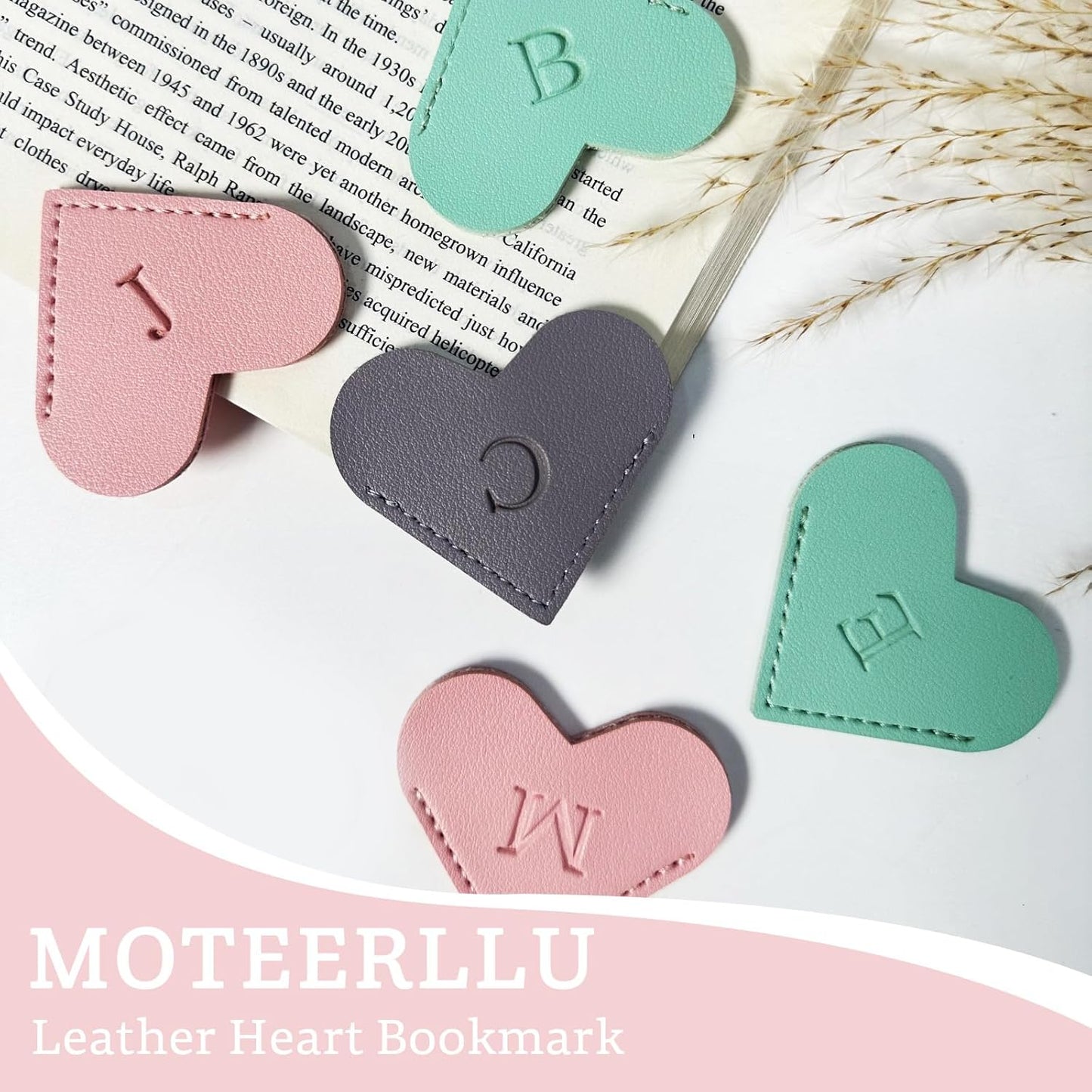 MOTEERLLU Personalized Leather Heart Bookmark with Initials, Handmade, Cute Custom Corner Book Marks for Reading Women, Teachers, Students, Book Lovers Gifts, Book Accessories (Pink, A)